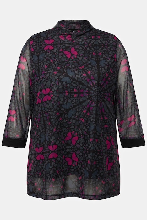 Mesh-Shirt, A-Linie, doppellagig, Stehkragen, 3/4-Arm