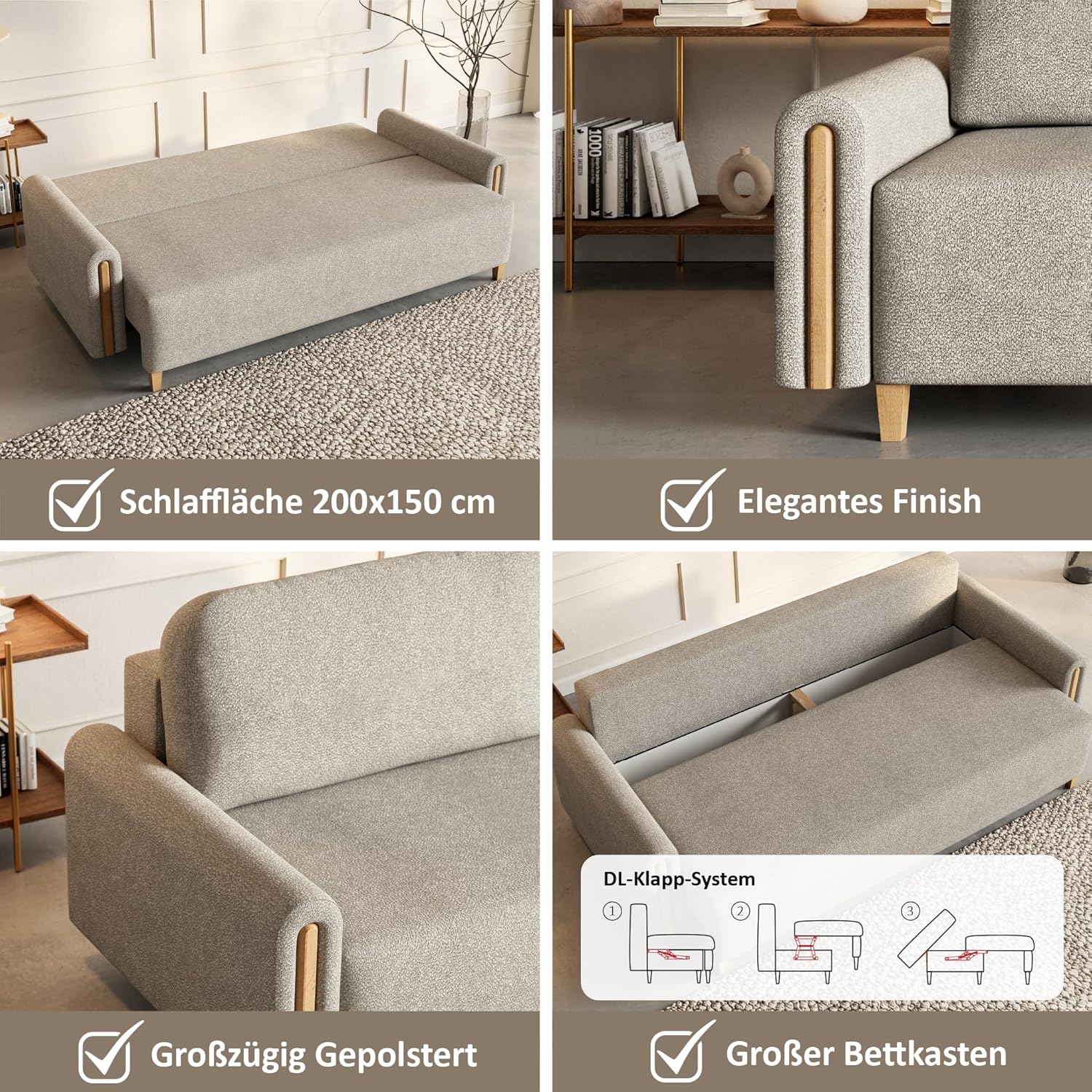 Notti 3 Sitzer Sofa mit Bettfunktion, Schlafsofa 235 cm Breit, Klappsofa mit Schlaffunktion, Schlafsofa mit Bettkasten, Bettsofa mit Schlaffunktion, Boucle Sofa Beige (Creme)