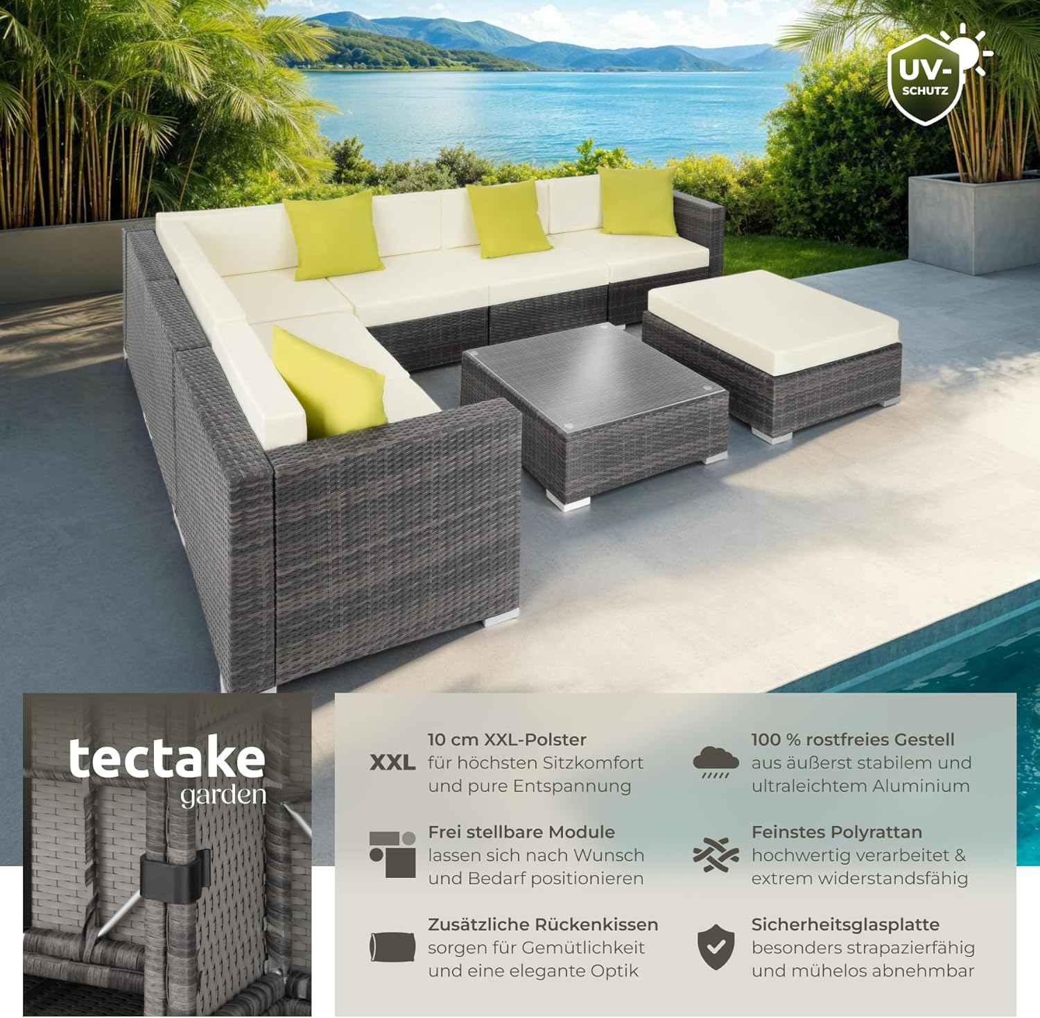 tectake® Poly Rattan Lounge, Garten Loungemöbel Set für 6 Personen, große Sitzgruppe mit L-Form Sofa und Esstisch Outdoor, Gartenmöbel wetterfest, Terrassenmöbel inkl. Hocker und Kissen - grau