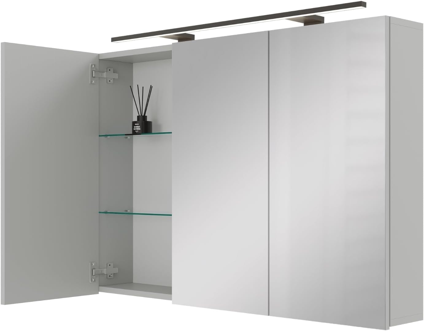 Planetmöbel ARIA Spiegelschrank Bad mit Beleuchtung 120 cm breit | Badschrank hängend mit Spiegel | Weiß Grau, mit Leuchte und Steckdose, Spiegelschrank Gäste WC 120 x 70 x 16 cm