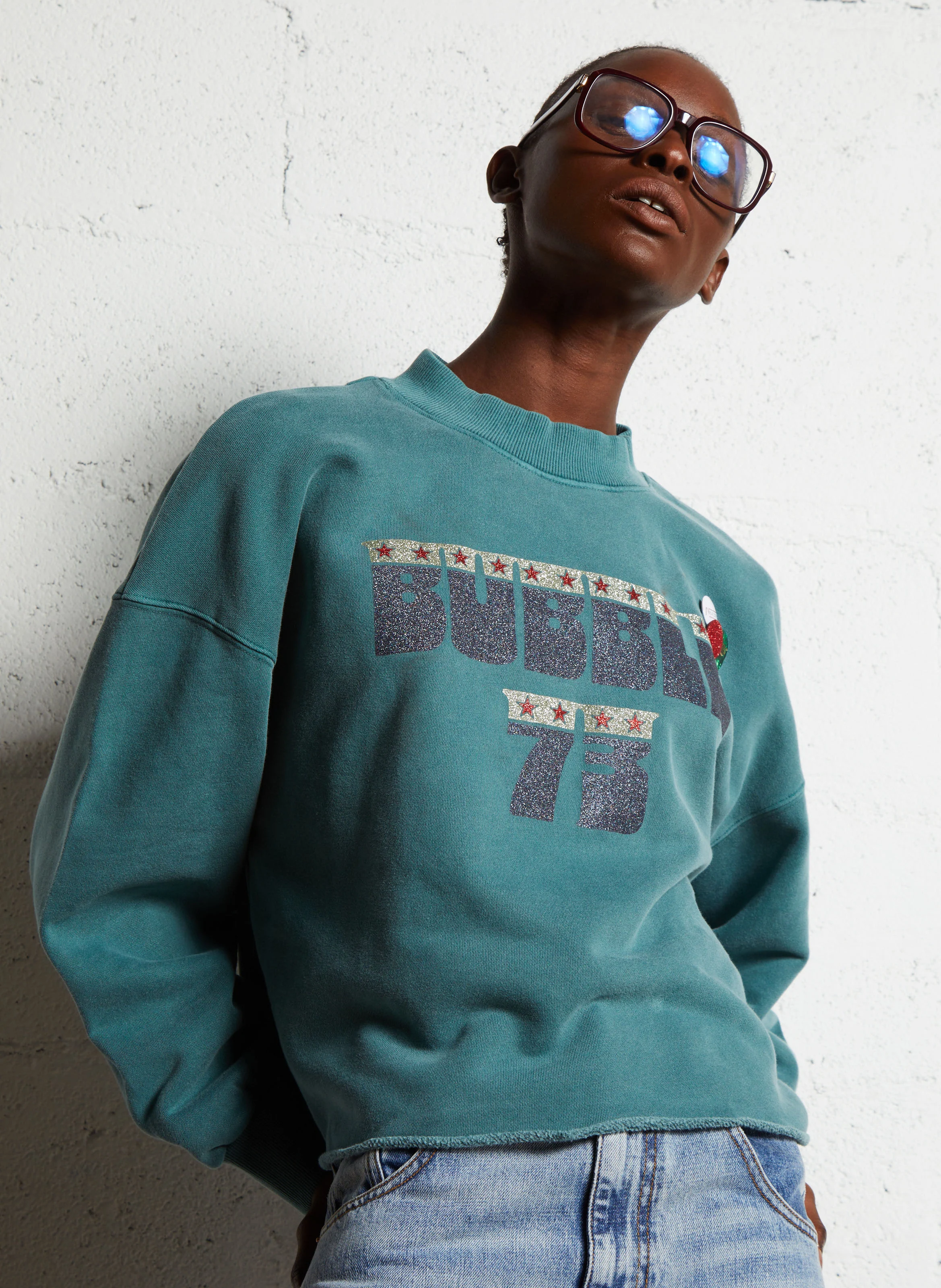 PORTER BUBBLE - Sweat ample col rond sérigraphié en coton | Vert