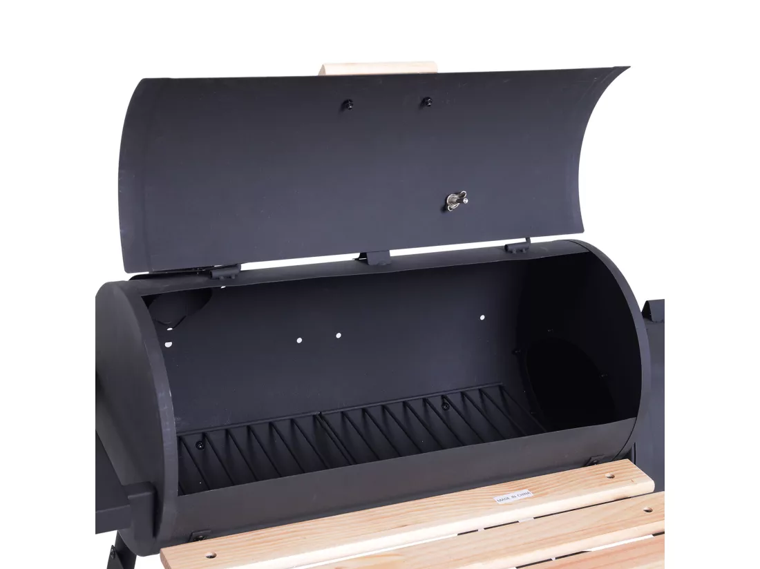 Barbecue à charbon fumoir BBQ grill smoker sur pied avec couvercle, roulettes, thermomètre, étagères acier laminé à froid noir