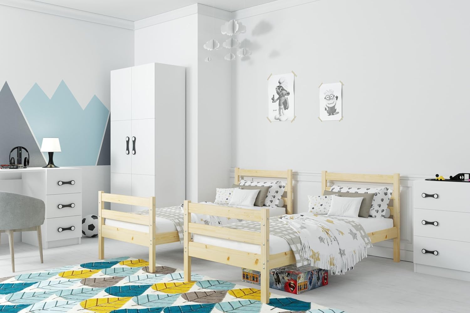 Interbeds Etagenbett Erik 200x90 Stockbett aus Kiefernholz Hochbett roh mit Leiter mit Lattenrost Naturholz Jugendbett Kinderbett für 2 Personen, teilbar in 2 Einzelbetten (Naturholz, 200x90)
