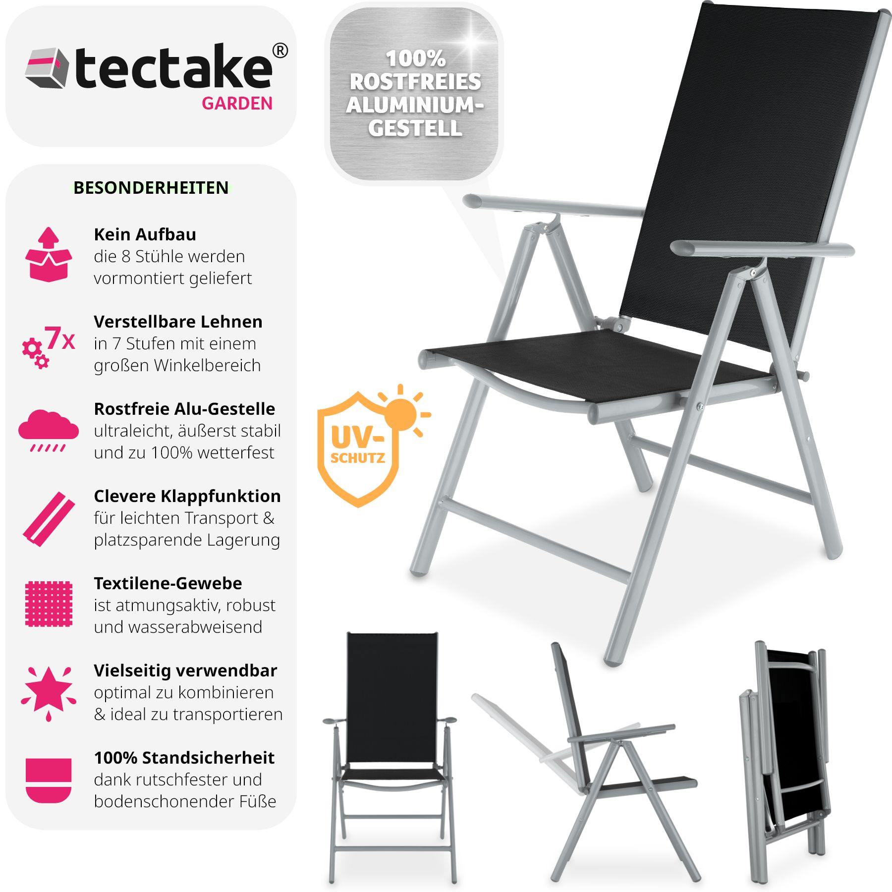 tectake® 8er Set Gartenstuhl, klappbar, 7-fach verstellbare Rückenlehne, 67 x 56 x 105 cm