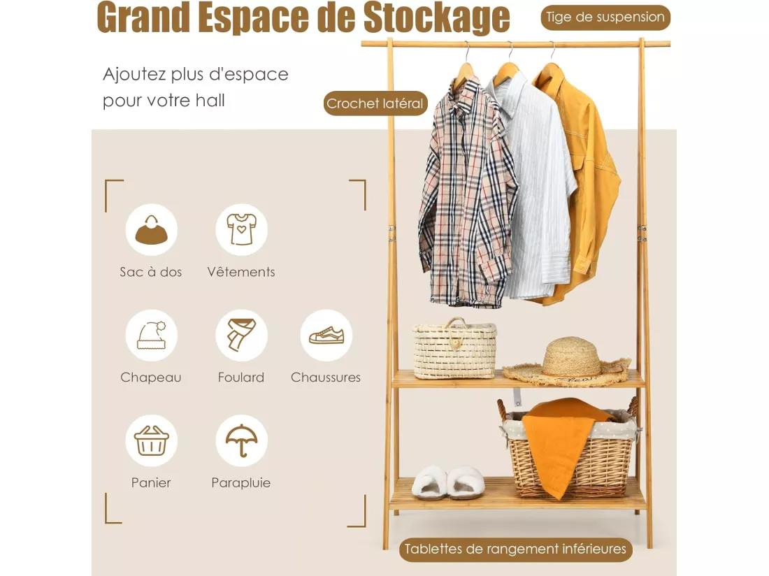 Portant à Vetement en Bambou, Penderie Vetement Tringle 101cm, 2 Étagères, Porte Vetement Solide pour Chambre, Buanderie （Jaune）