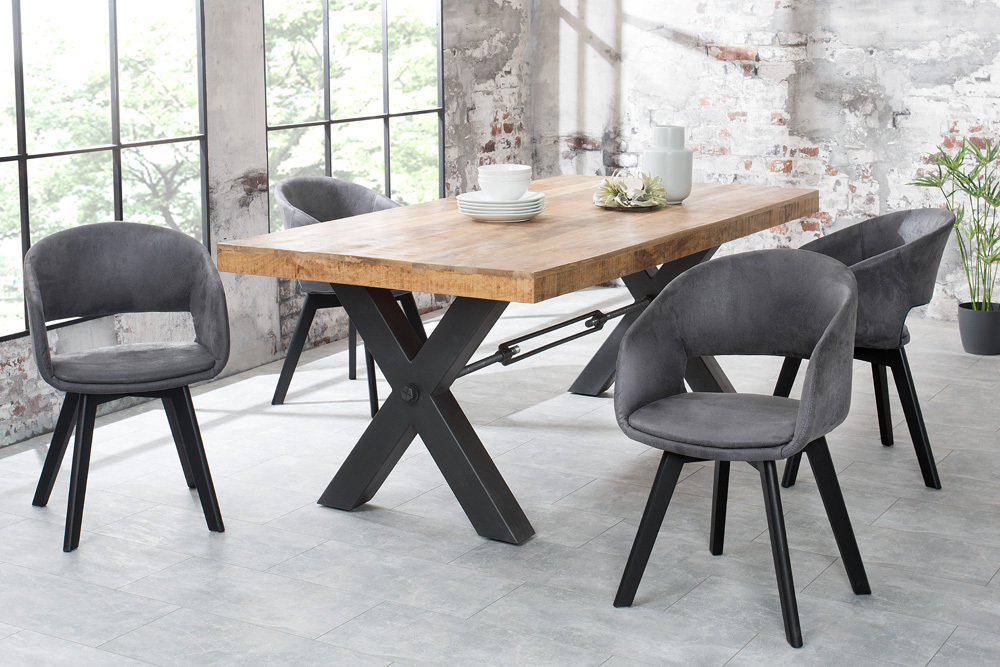 Design Stuhl NORDIC STAR antik grau Microfaser Massivholz schwarz mit Armlehne gepolstert