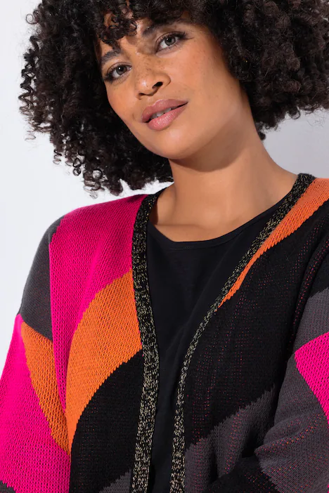 Long-Strickjacke, Feinstrick, Colormuster, offene Form, schwarz