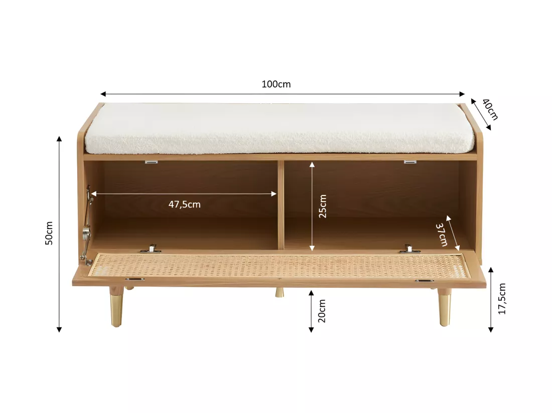 Bombong - Banc d'entrée avec rangement chaussures en bois et cannage L100cm - Bois clair