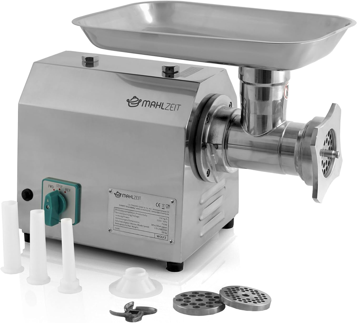 Mahlzeit Profi Edelstahl Fleischwolf elektrisch | 750W - 150kg/h | Faschiermaschine aus Edelstahl, Wurstmaschine in Gastro Qualität | Fleischmaschine mit Wurstfüller, Sausage Maker