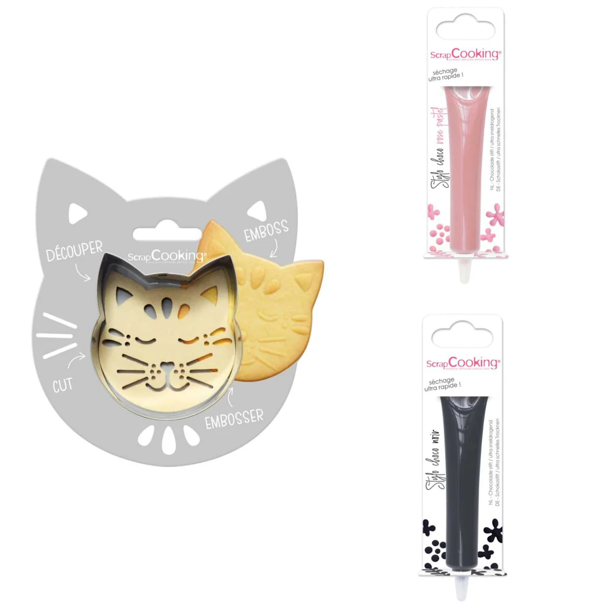 Kit pour biscuit en relief Chat + 2 Stylos au chocolat rose pastel et