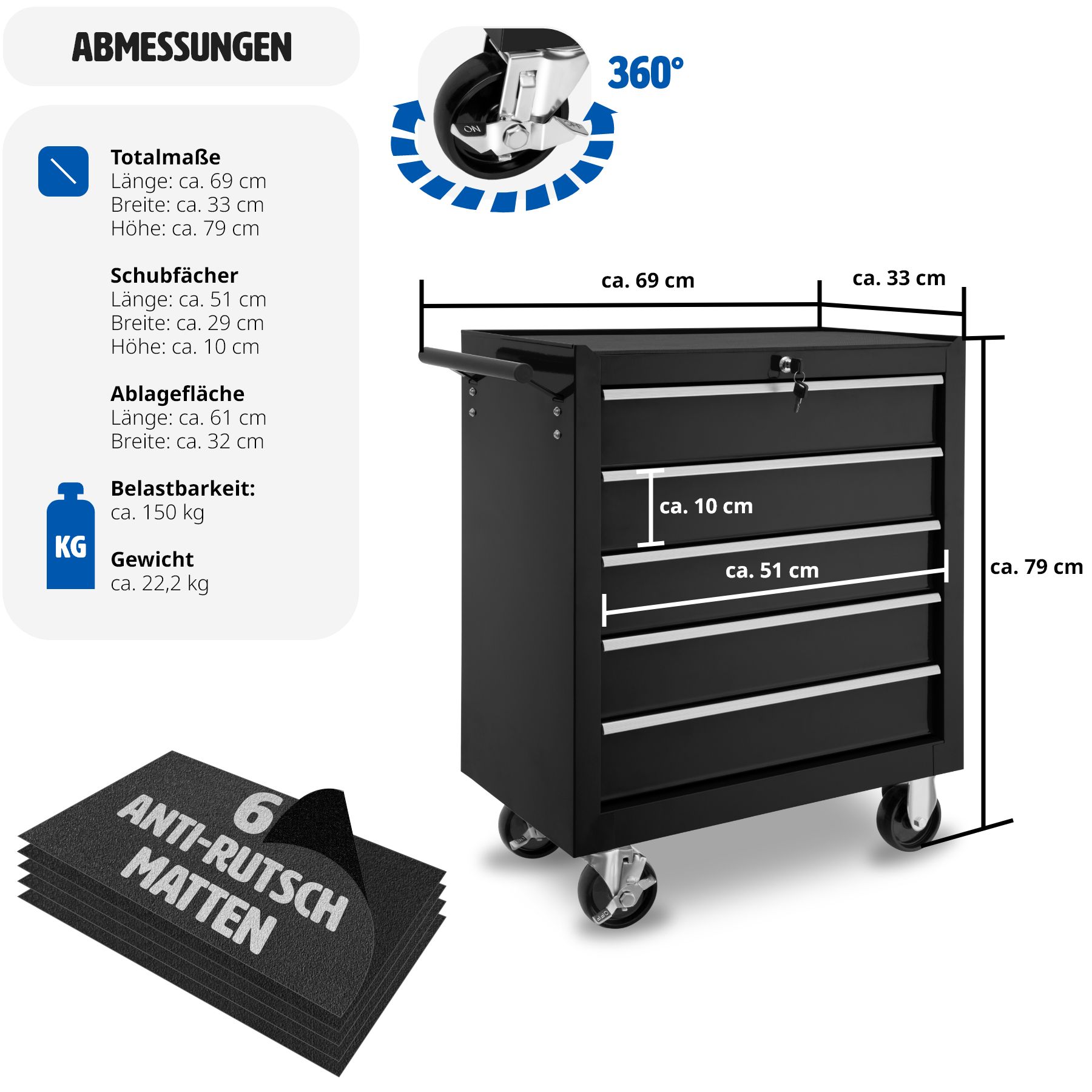 tectake® Werkzeugwagen, 5 kugelgelagerte Schubladen mit Antirutschmatten, zentrale Sicherheitsverriegelung, Rollen Ø 100 mm