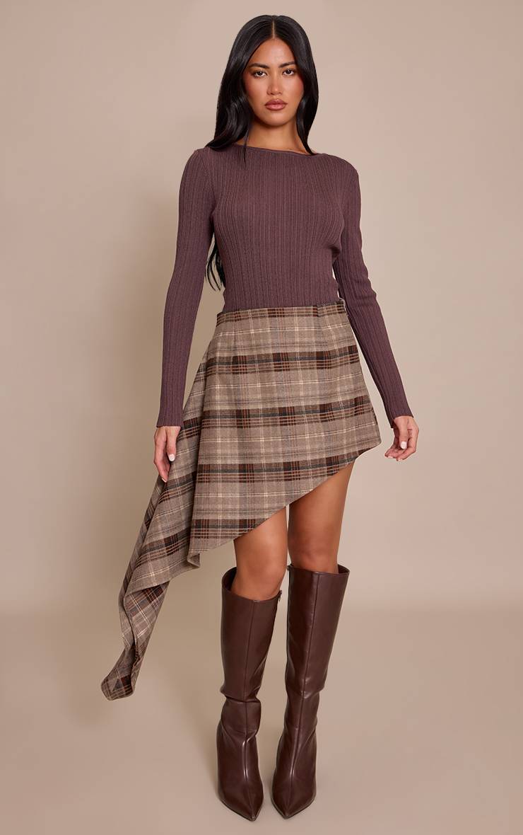 Marron Jupe Mini Asymétrique Tissée Brossée À Carreaux