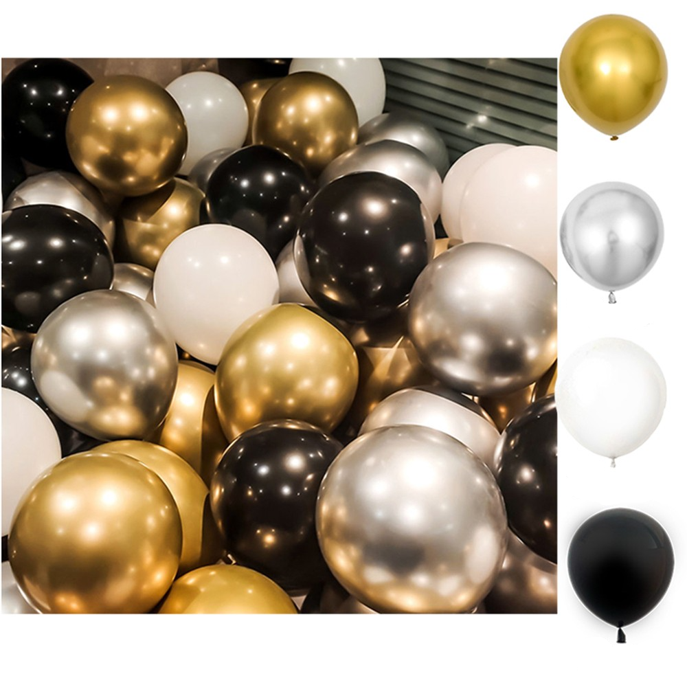 (40er Set) Ø25cm Party Deko Ballons Latex Luftballons Metallic  - Gold / Silber / Schwarz / Weiss