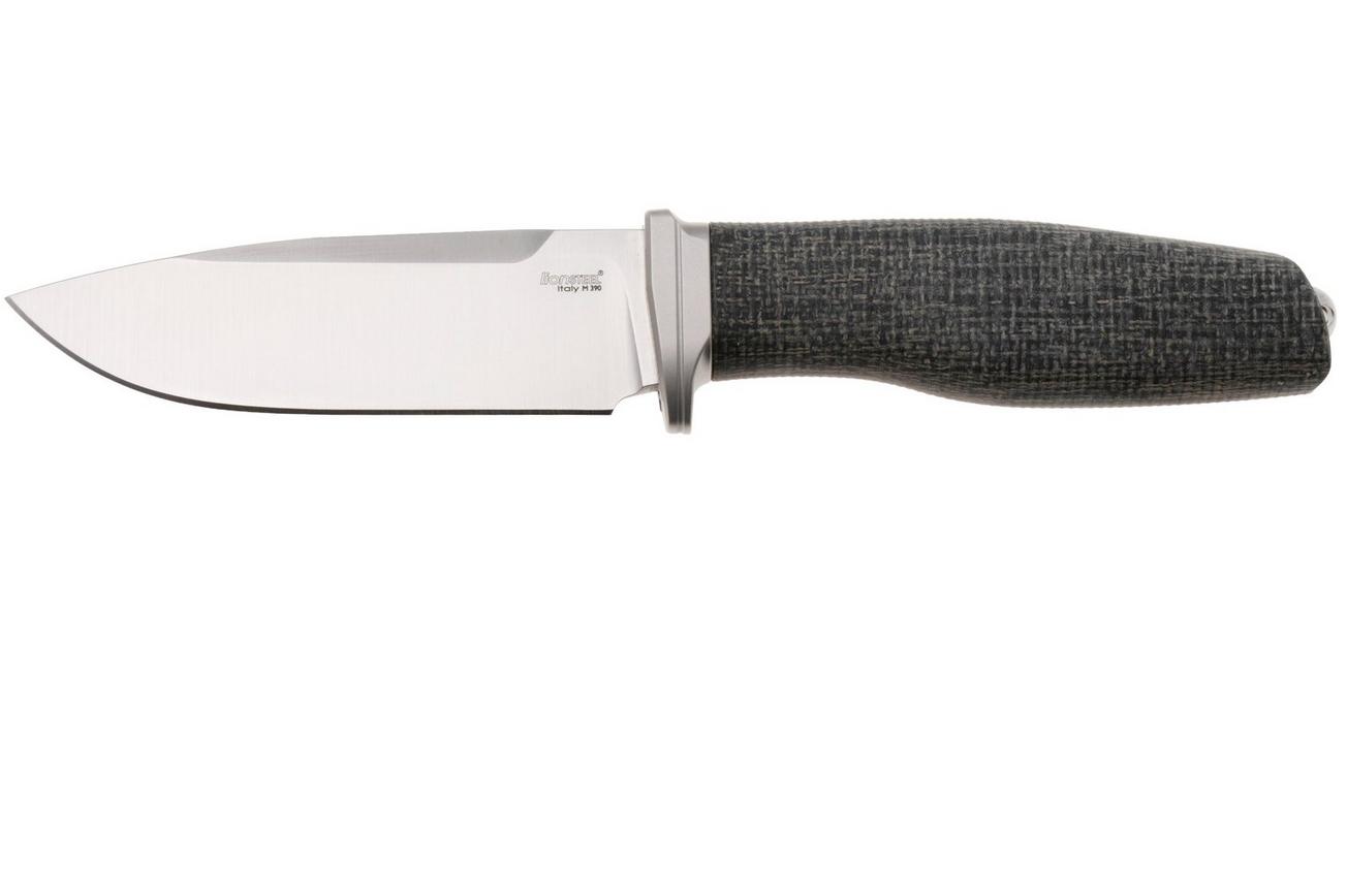 LionSteel Acha AH BLB Satin M390, Black Burlap Micarta, Titanium Guard, vaststaand mes