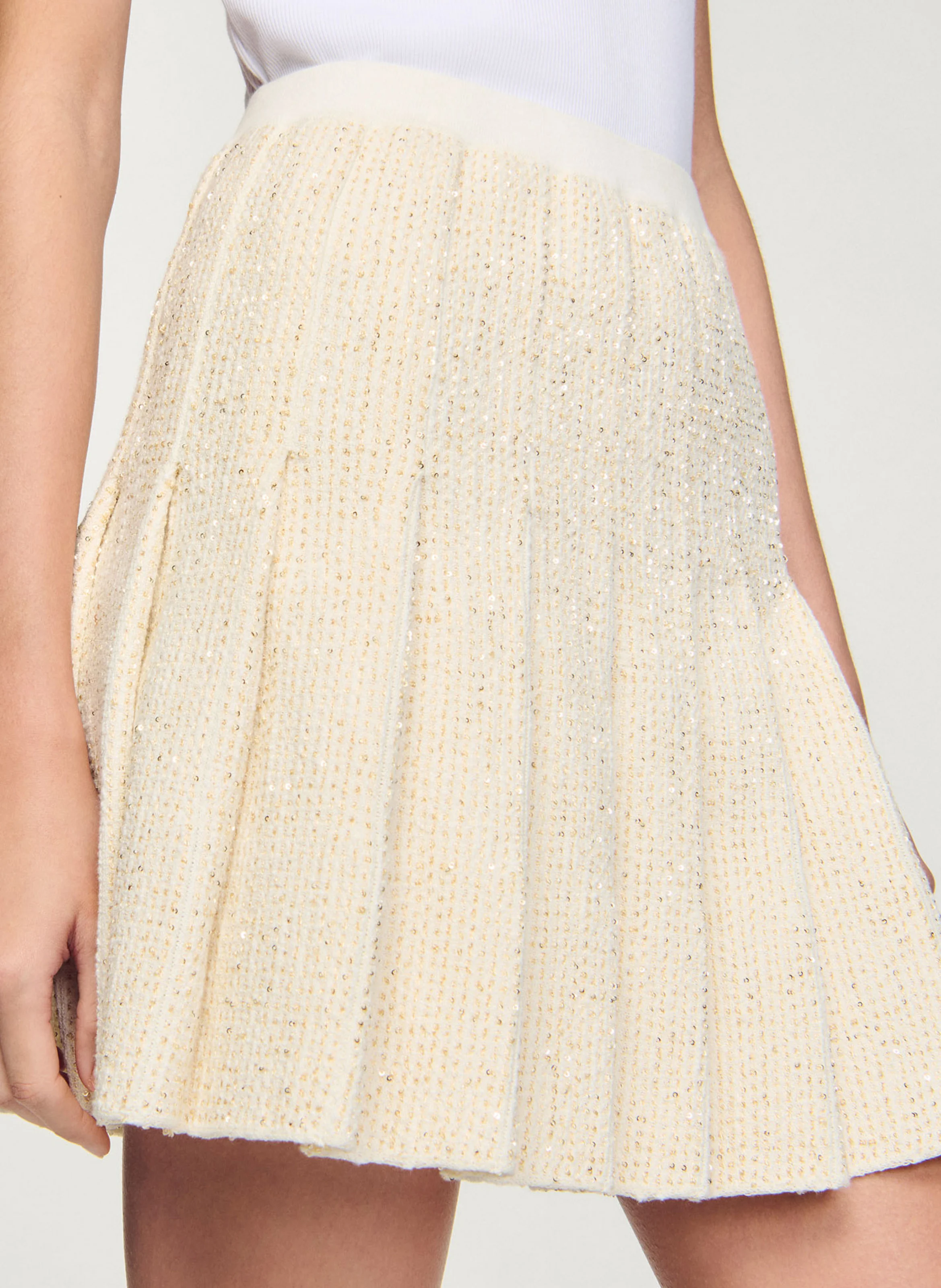 Jupe courte plissée en tweed à sequins | Blanc