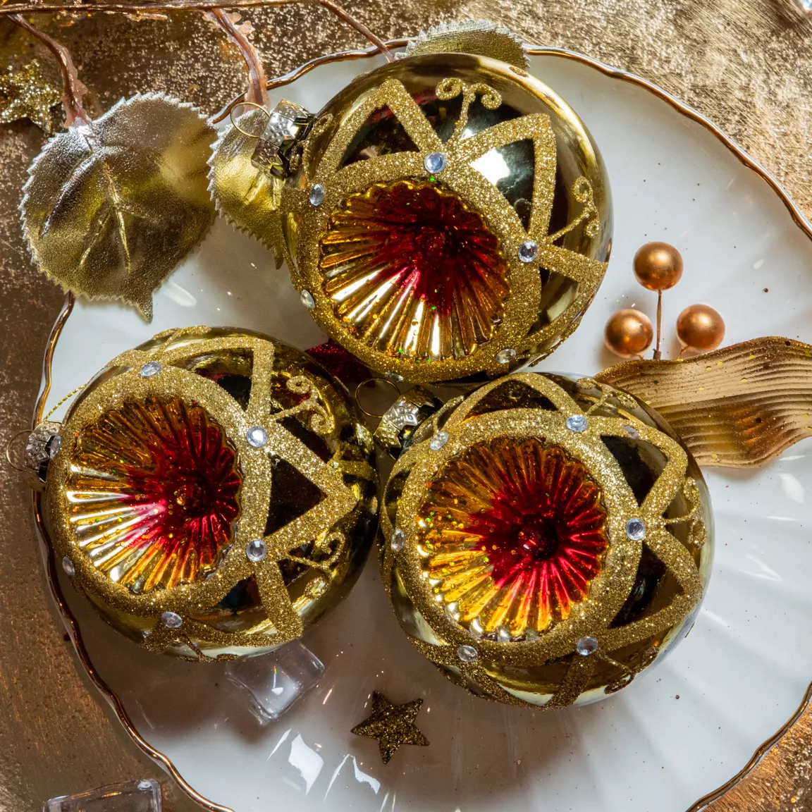 Lot de 3 boules de Noël en verre (D80 mm) Impérial Vert romarin et or