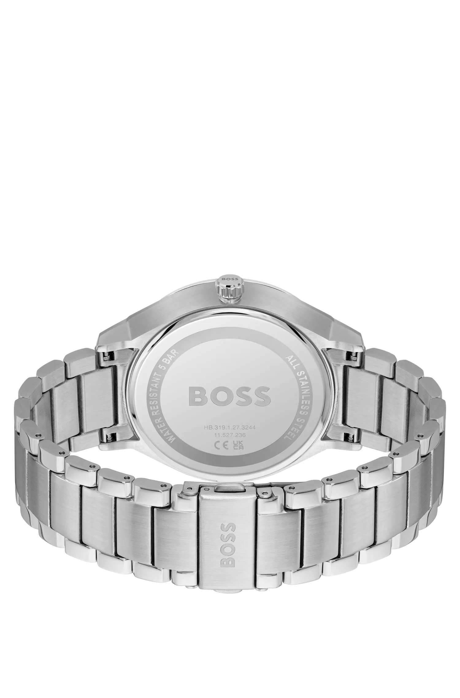 Relógio BOSS com mostrador preto e azul e pulseira de aço inoxidável.