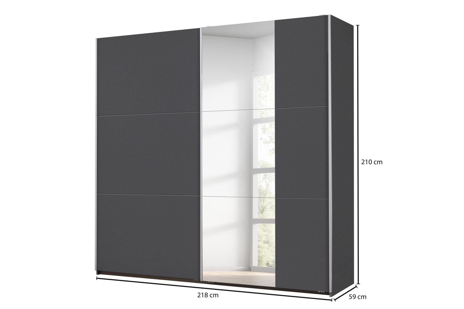 Schwebetürenschrank - grau-metallic - Spiegel - 2 Fachböden - 218 cm