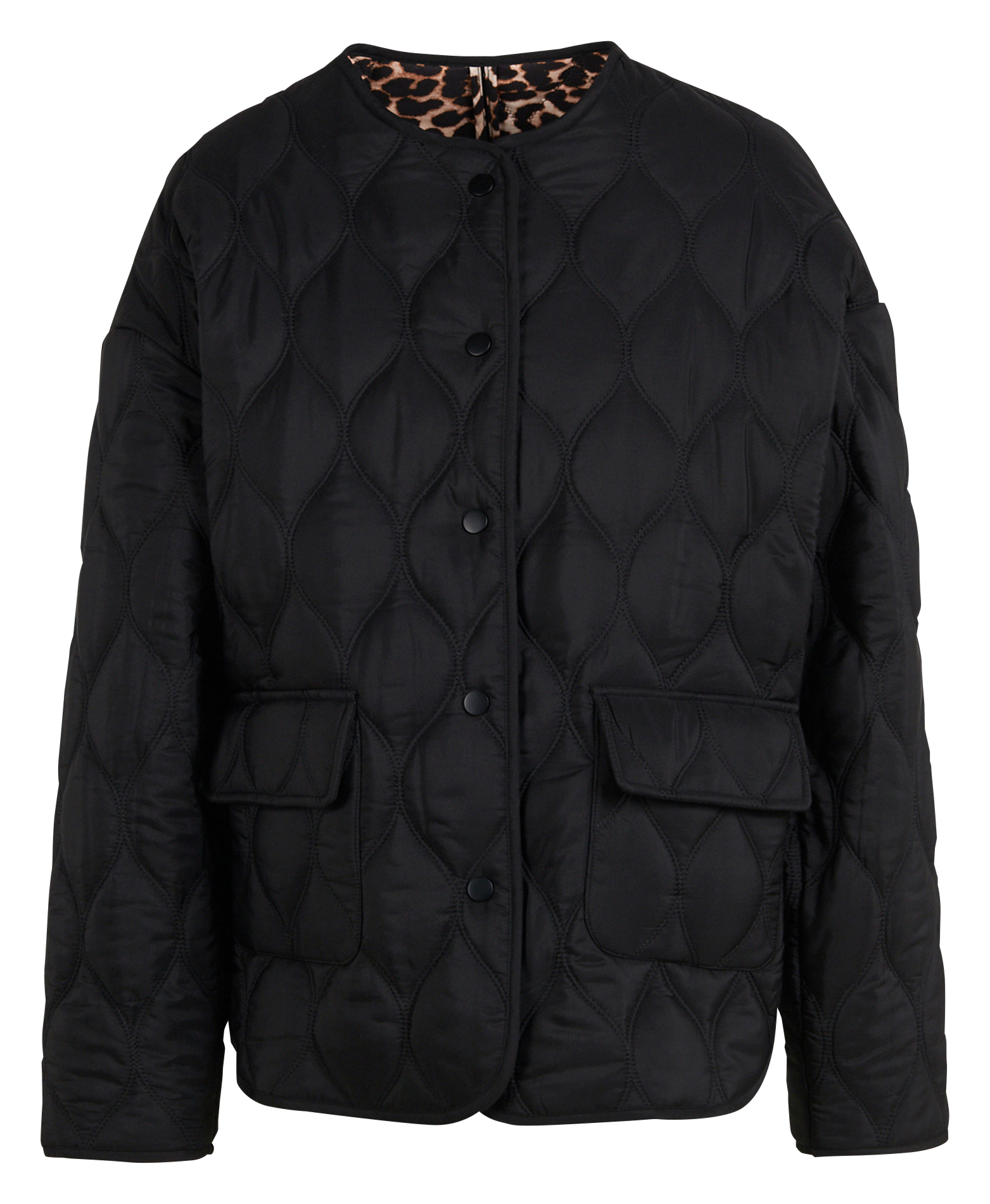 EVAN - Veste col rond matelassée à imprimé léopard | Noir
