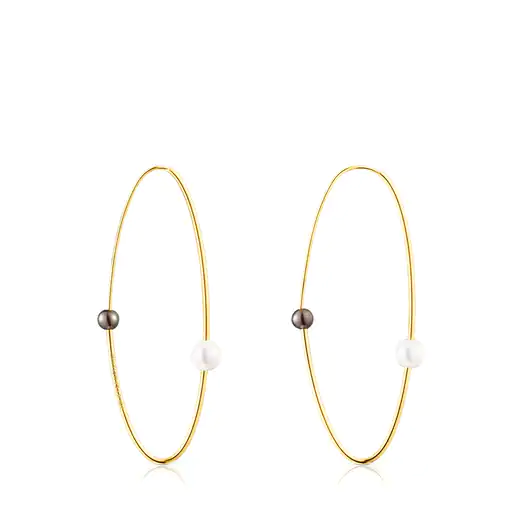 Brincos de argola grandes com banho de ouro 18k sobre prata e pérolas cultivadas. Modelo Ellipse.