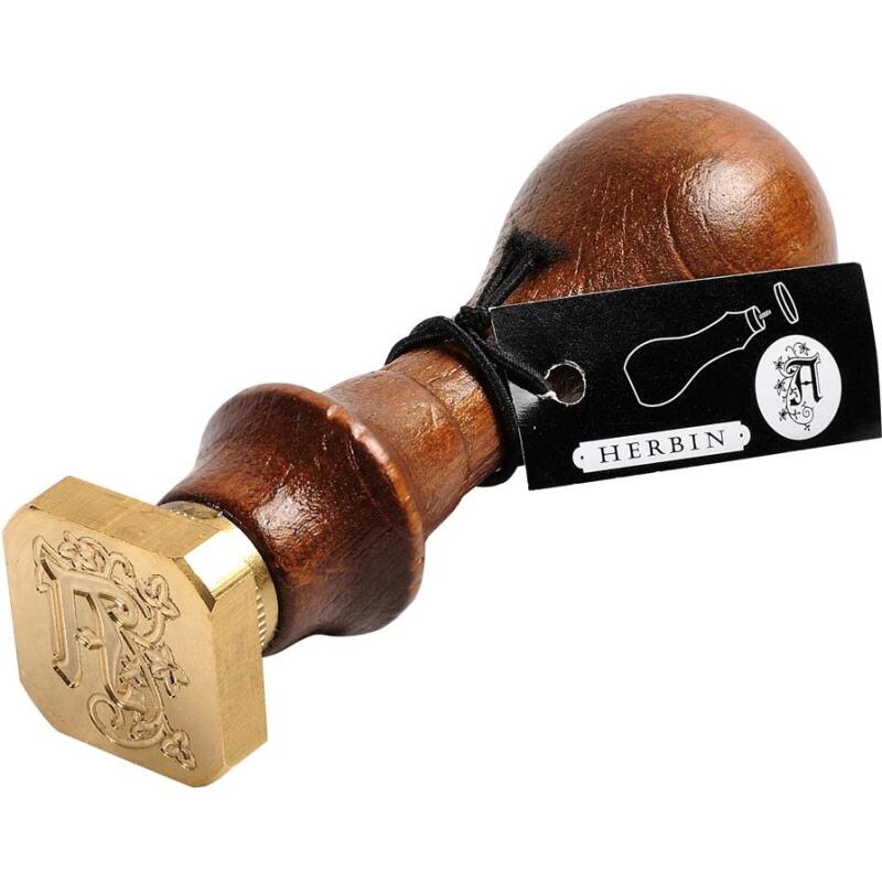 Sceau à vis carré (lettre enluminée) avec manche en bois vernis