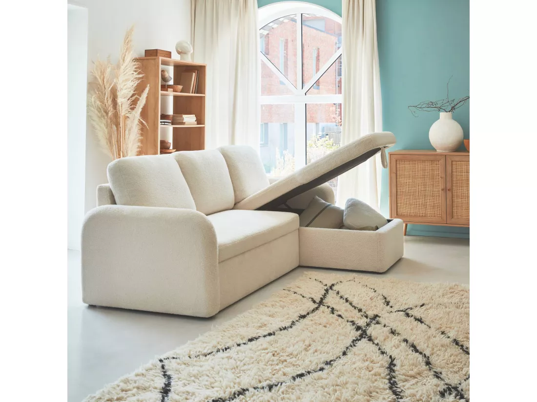 Canapé d'angle convertible en tissu bouclettes blanches - Milano - 3 places. fauteuil d'angle réversible coffre rangement lit modulable