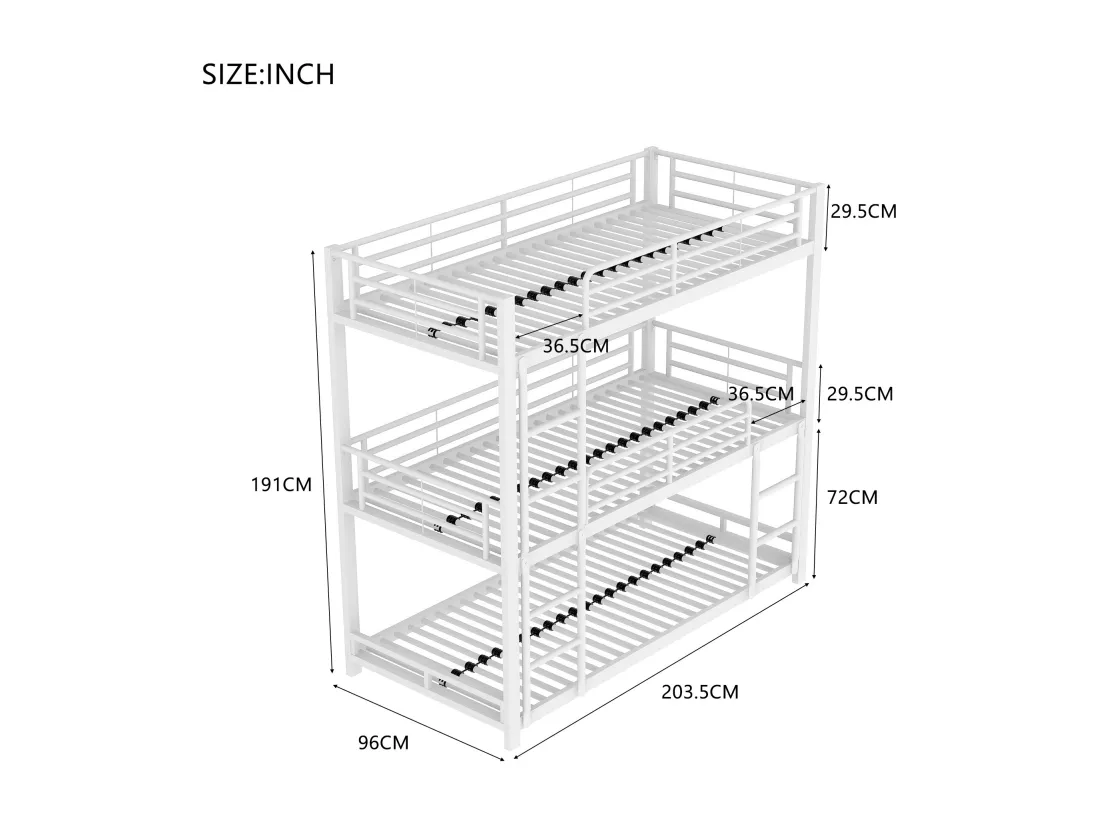 Lit superposé triple - 3x90x200cm - cadre en fer - Blanc