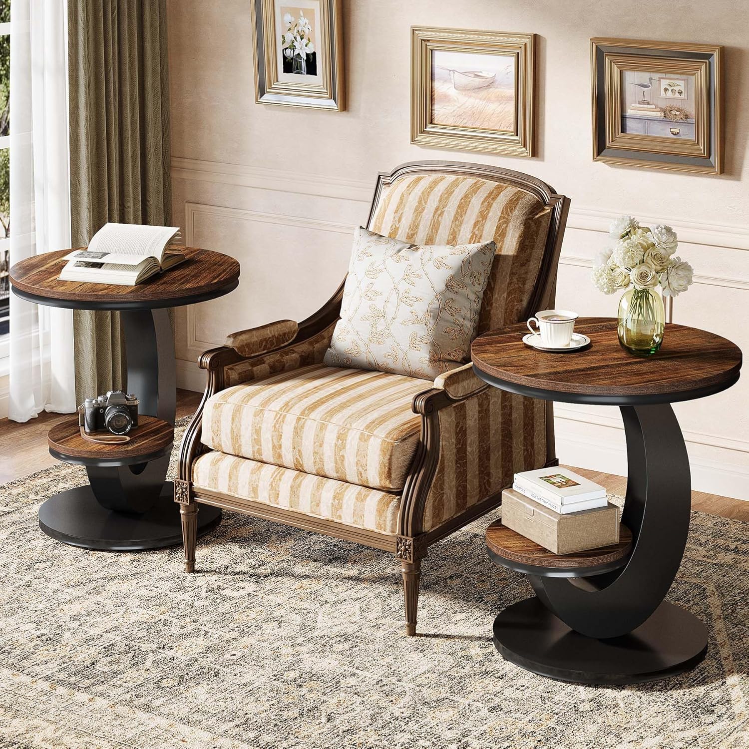 Tribesigns Beistelltisch rund, 2-Tier Schmal Couchtisch, Sofatisch Nachttisch mit Holz-Metall-Bogengestell, Industrie-Design für kleine Räume, Wohnzimmer, Schlafzimmer, Braun (1 Stück)