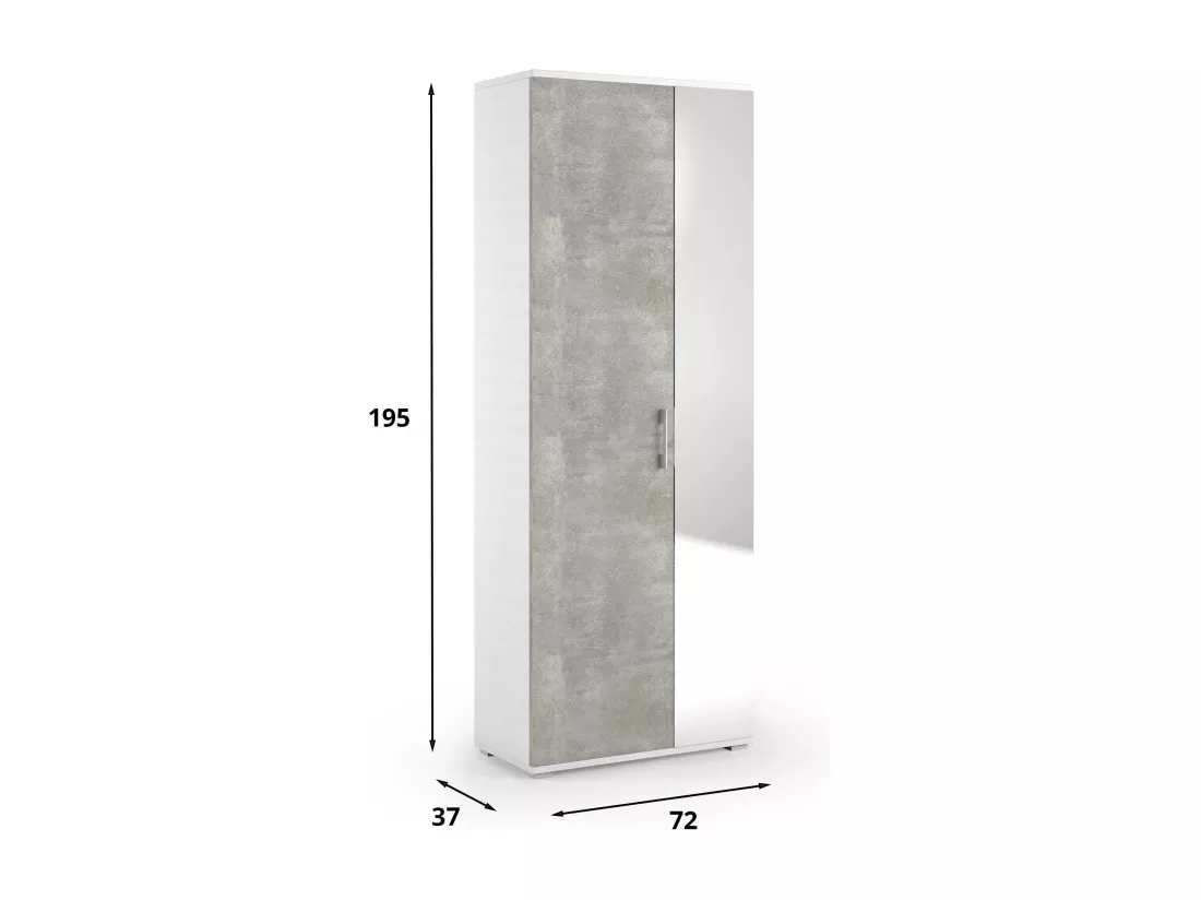 Étagère à chaussures Dminiat, meuble d'entrée polyvalent avec porte miroir, meuble à chaussures moderne avec 6 étagères, 100% Made in Italy, 72x37h195 cm, Blanc et Ciment