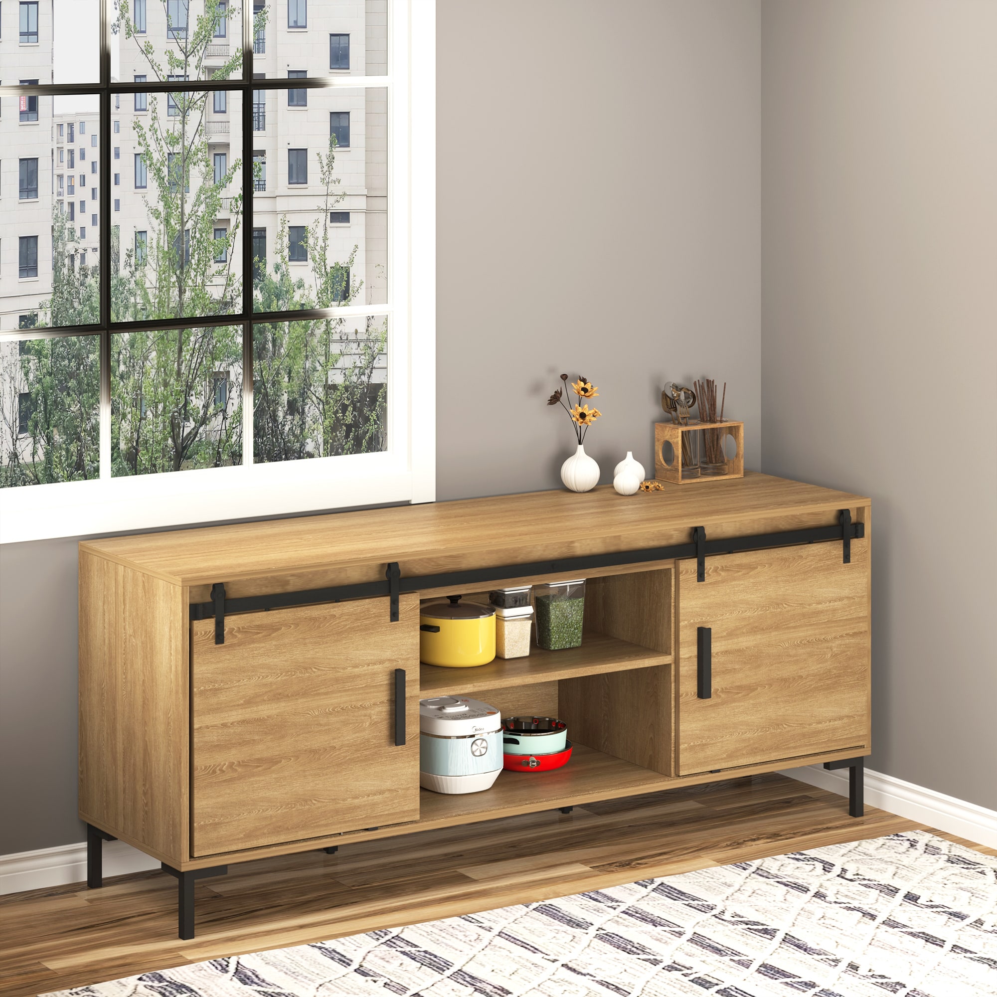 HOMCOM Schiebetürsystem Geeignet für Schrank, TV-Stände und mehr, Schiebetür-Kit, Geeignet für verschiedene Türpaneele Schwarz 200 x 0,6 x 18 cm (BxTxH)