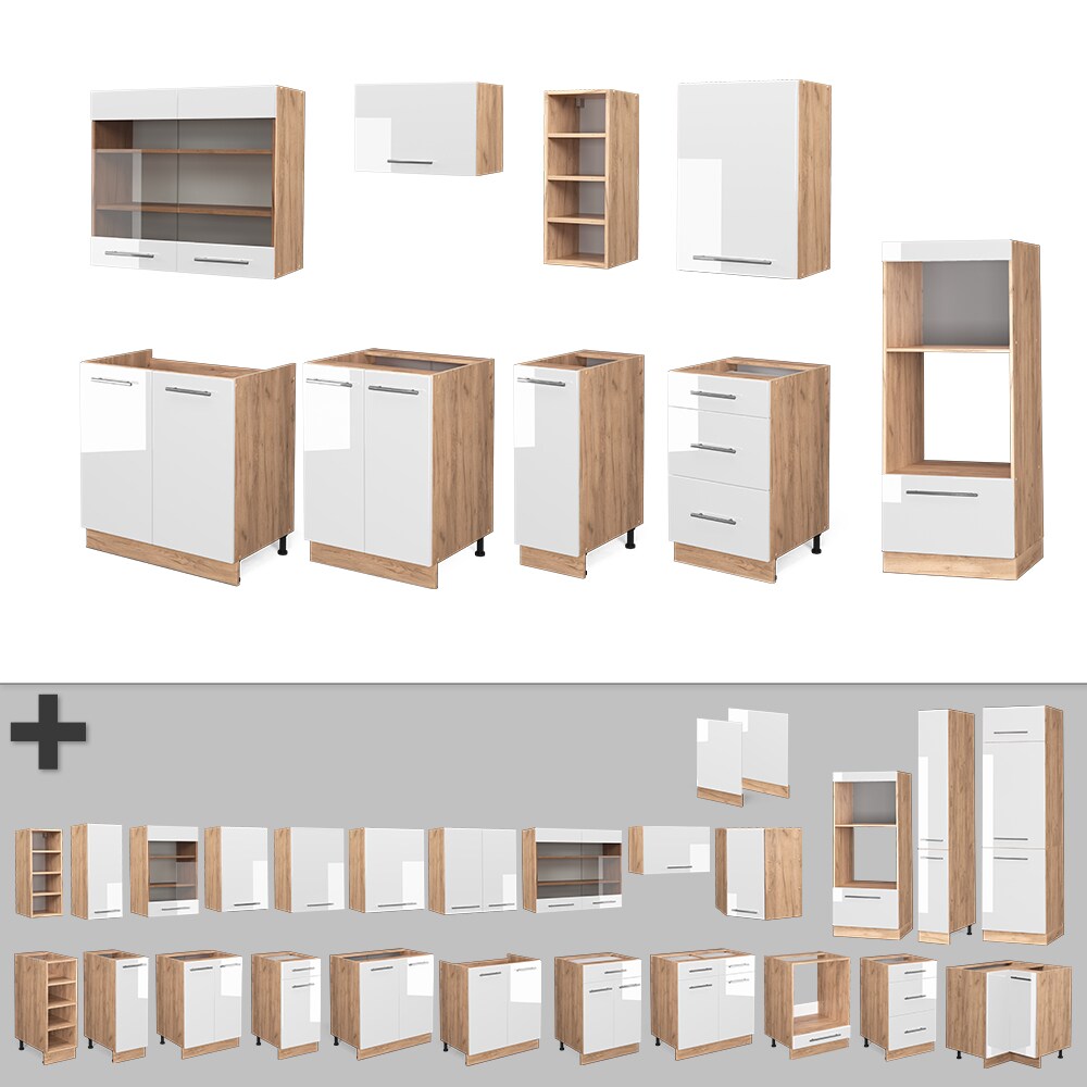 Vicco Küchenzeile Küchenblock Einbauküche Fame-Line Eiche Weiß 280 cm modern Spülenunterschrank Unterschrank Schubunterschrank Hängeschrank Mikrowellenschrank Apothekerunterschrank