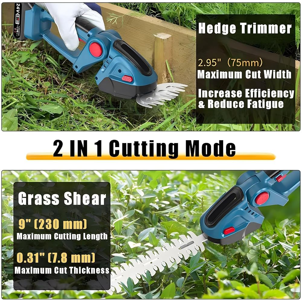 Taille-haie sans fil, taille-haie et cisaille à gazon 2 en 1 avec batteries 1500 mAh, ciseaux à gazon de 22 cm de longueur et ciseaux à gazon de 13 cm de largeur, coupe-arbustes de jardin pour pelouse : Jardin