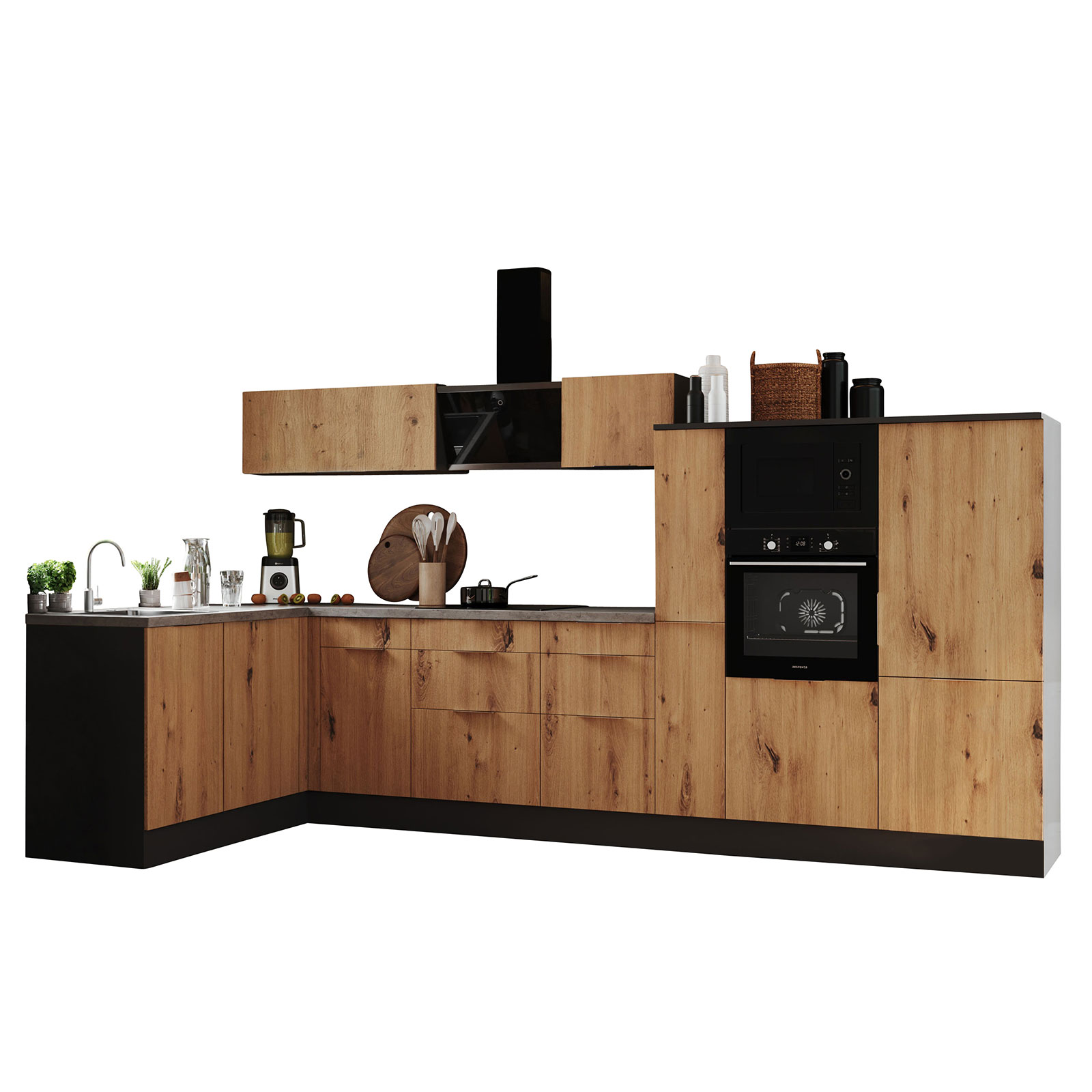 RESPEKTA Winkelküche - Artisan Eiche - grau matt- mit E-Geräten - 370x175 cm