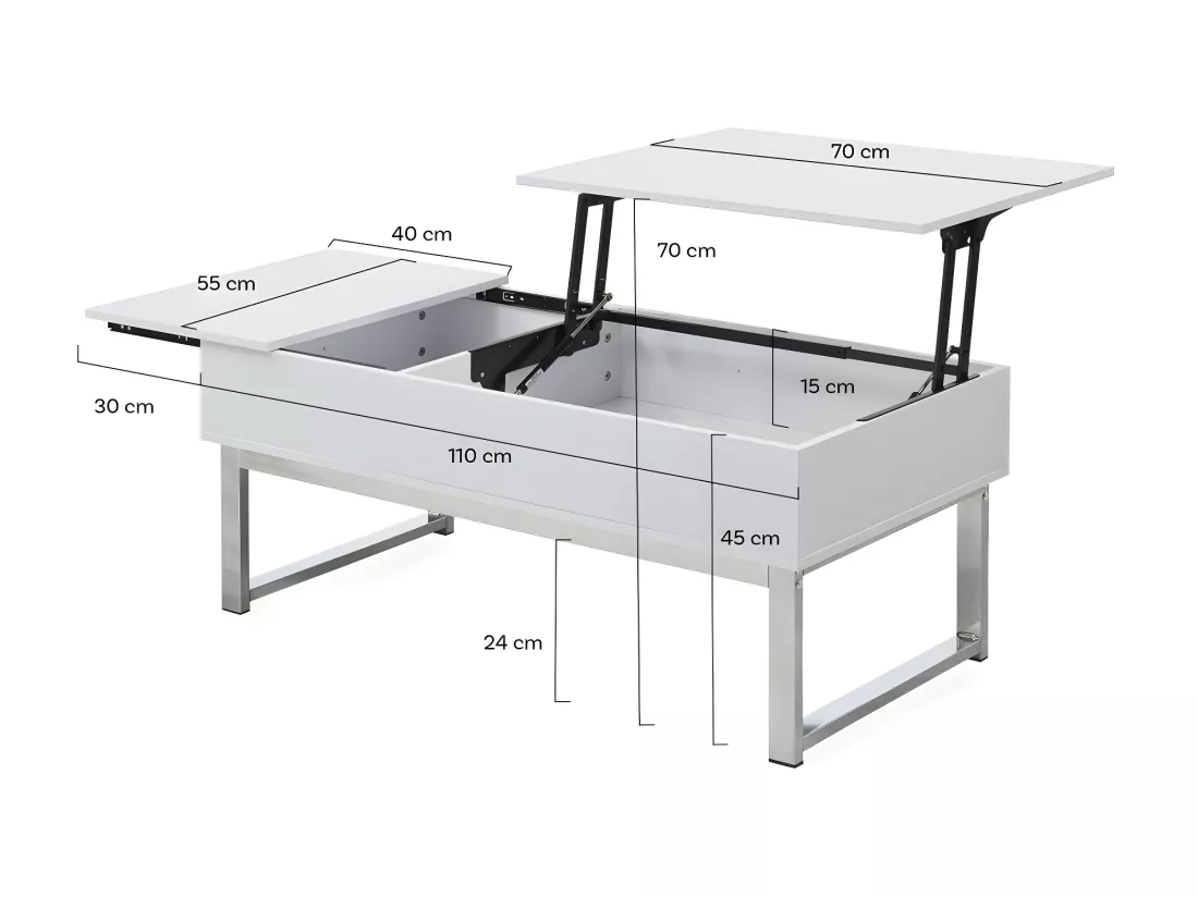 Table basse plateau relevable FLOWER 110x55cm /Blanc et métal chromé