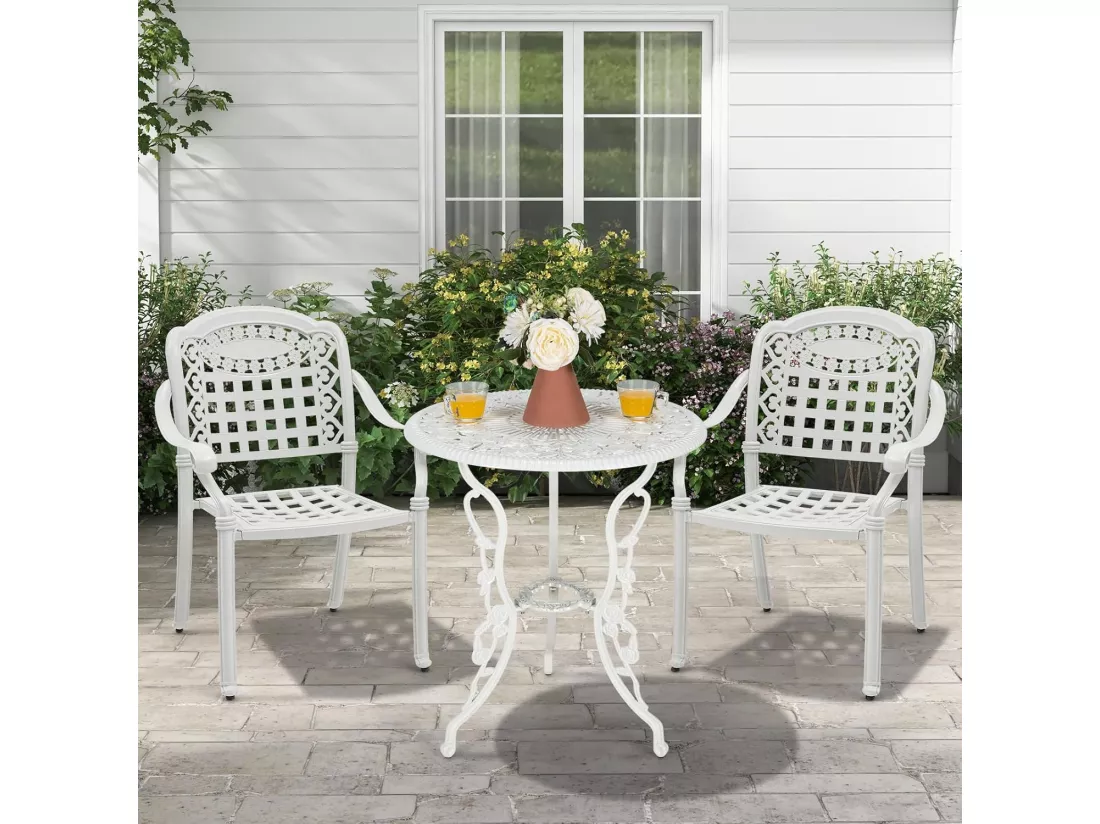 Ensemble de 2 Chaises de Terrasse en Aluminium Coulé, Chaises de Salle à Manger Extérieures avec Accoudoirs, Chaises Empilables pour Jardin, Cour (en Damier, Blanc)