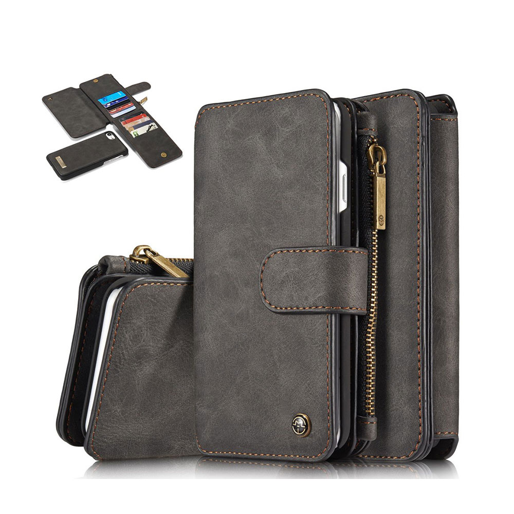 iPhone SE (2022/2020) / 8 / 7 3in1 Leder Tasche   Magnet Hardcase und Karten Etui (Vertikal Ausklappbar) - Schwarz