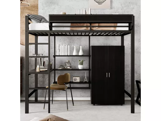 Lit mezzanine 90x200 cm - avec table - avec penderie - avec multiples rangements - avec échelle 5 marches - fer + panneaux de particules - noir (sans matelas)