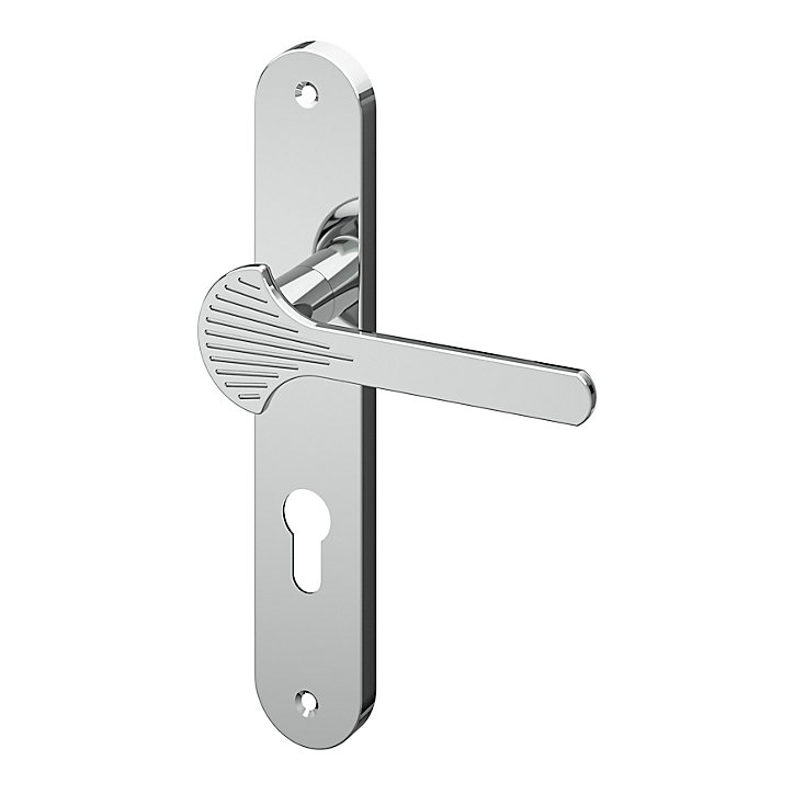 Ensemble poignée sur plaque rond GoodHome Rubian effet chromé gris L.130mm x l.40mm entraxe 195mm