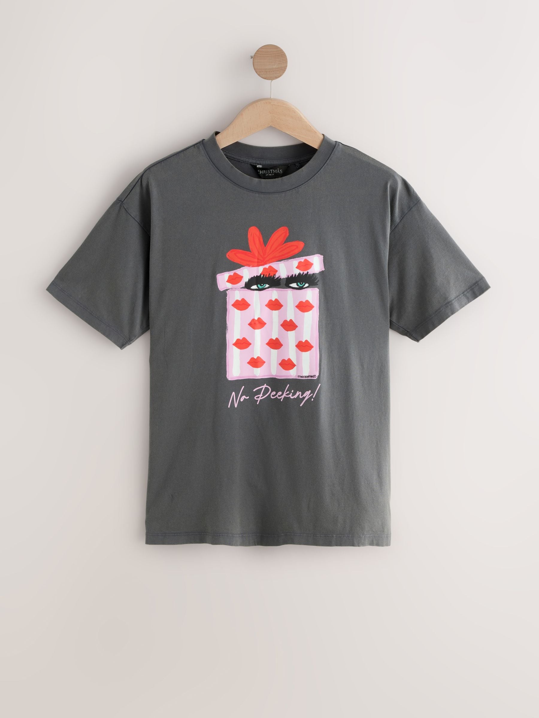 Grijs - Geen gluren Kendra Dandy Kerstmis Grafisch Ronde hals Korte mouwen T-shirt