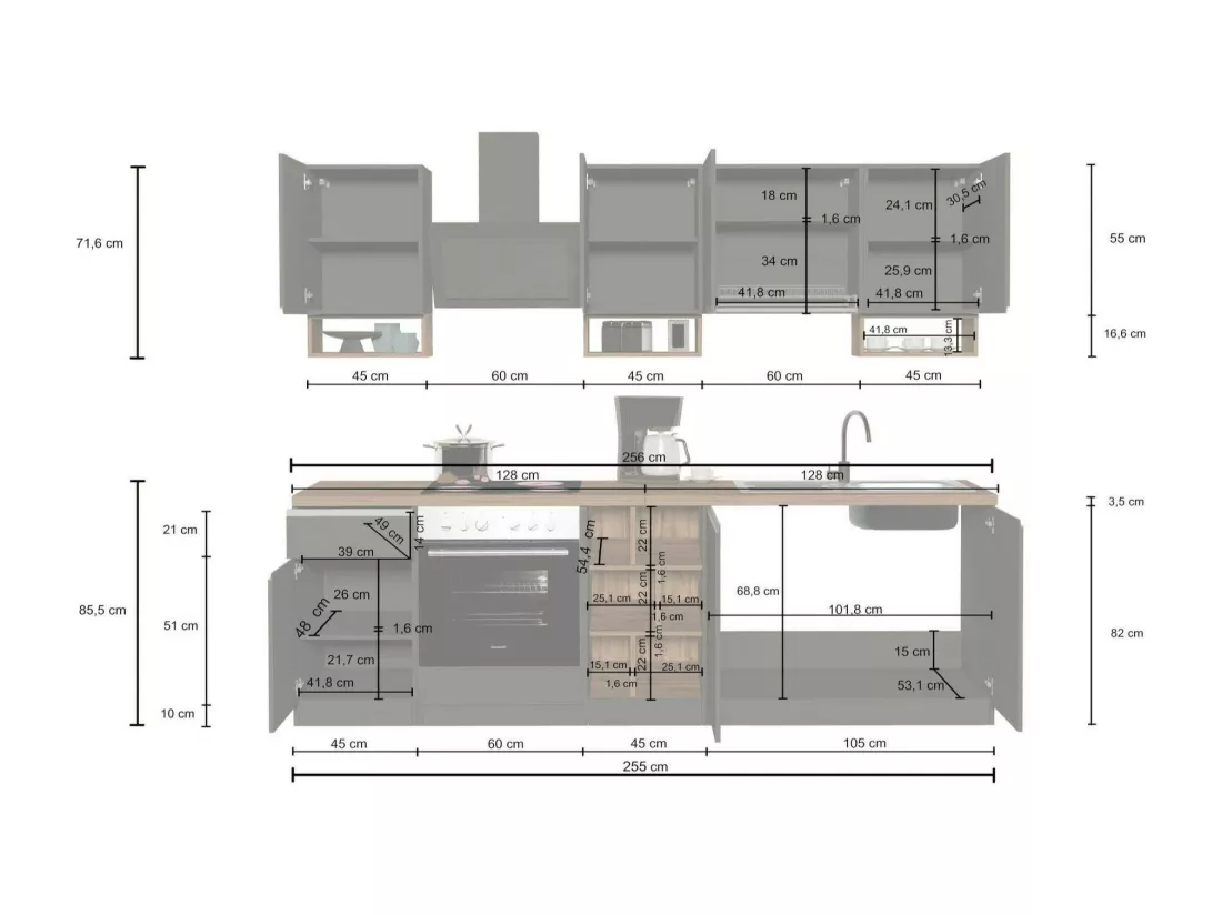 Cuisine complète Dcelient, Ensemble avec garde-manger, Meuble de kitchenette, Kit bloc linéaire, 100% Made in Italy, 255x60h85 cm, Blanc brillant et chêne