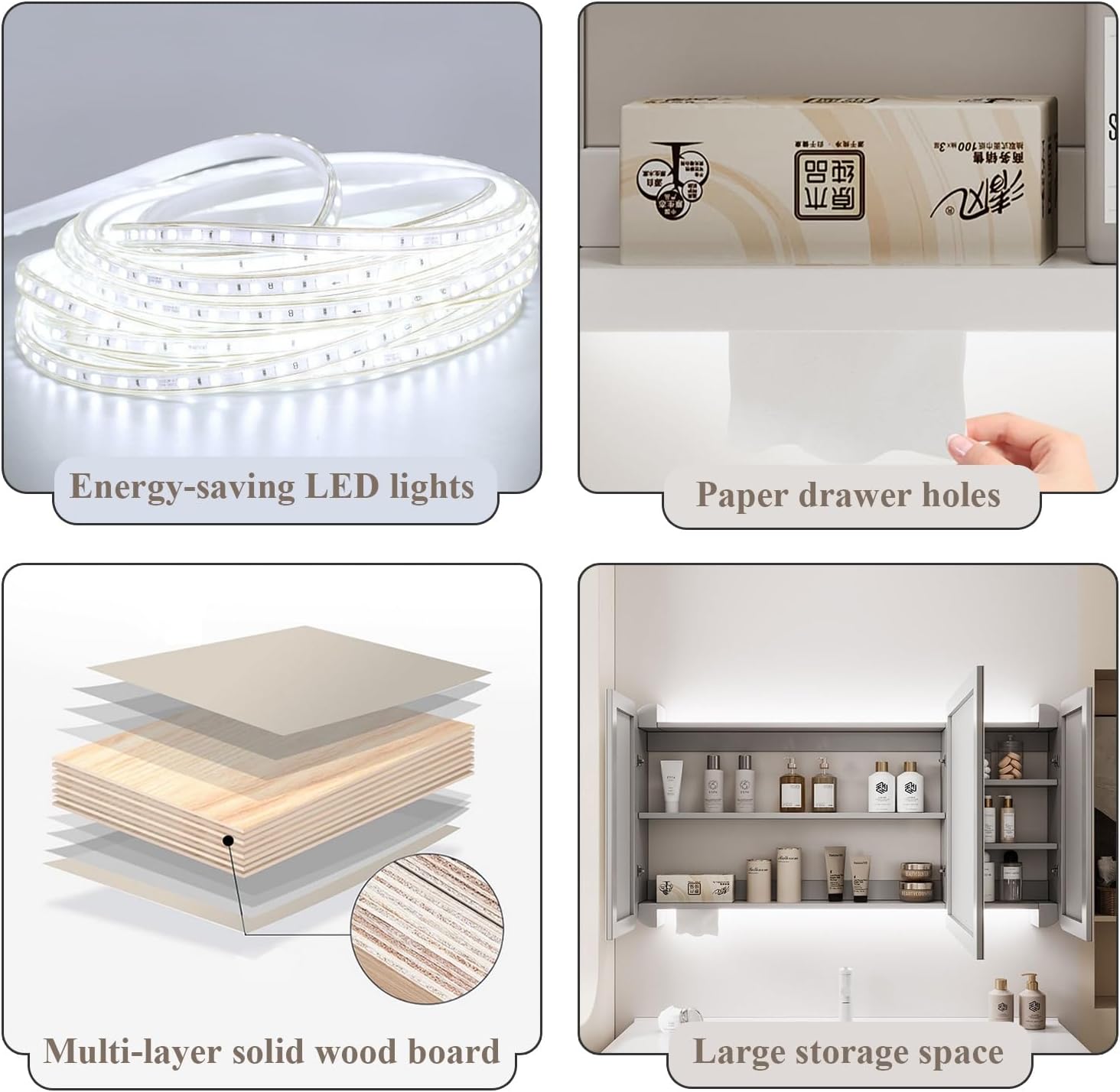 Beleuchtet Spiegelschrank Bad Wandschrank Modern 3 Farben Intelligenter Kosmetikspiegel Mit Stauraum LED-Uhr Antibeschlag Uhr- Und Temperaturanzeige/Touch-Schalter/Dimmer/Defogger(60cm)