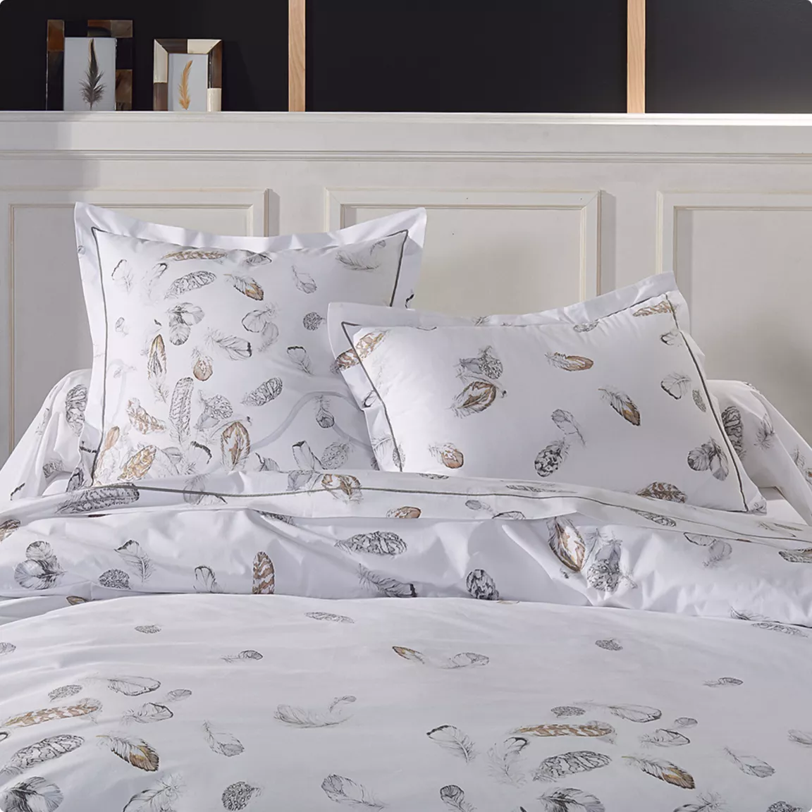 Housse de couette percale de coton (240 x 220 cm) Plumes Grise