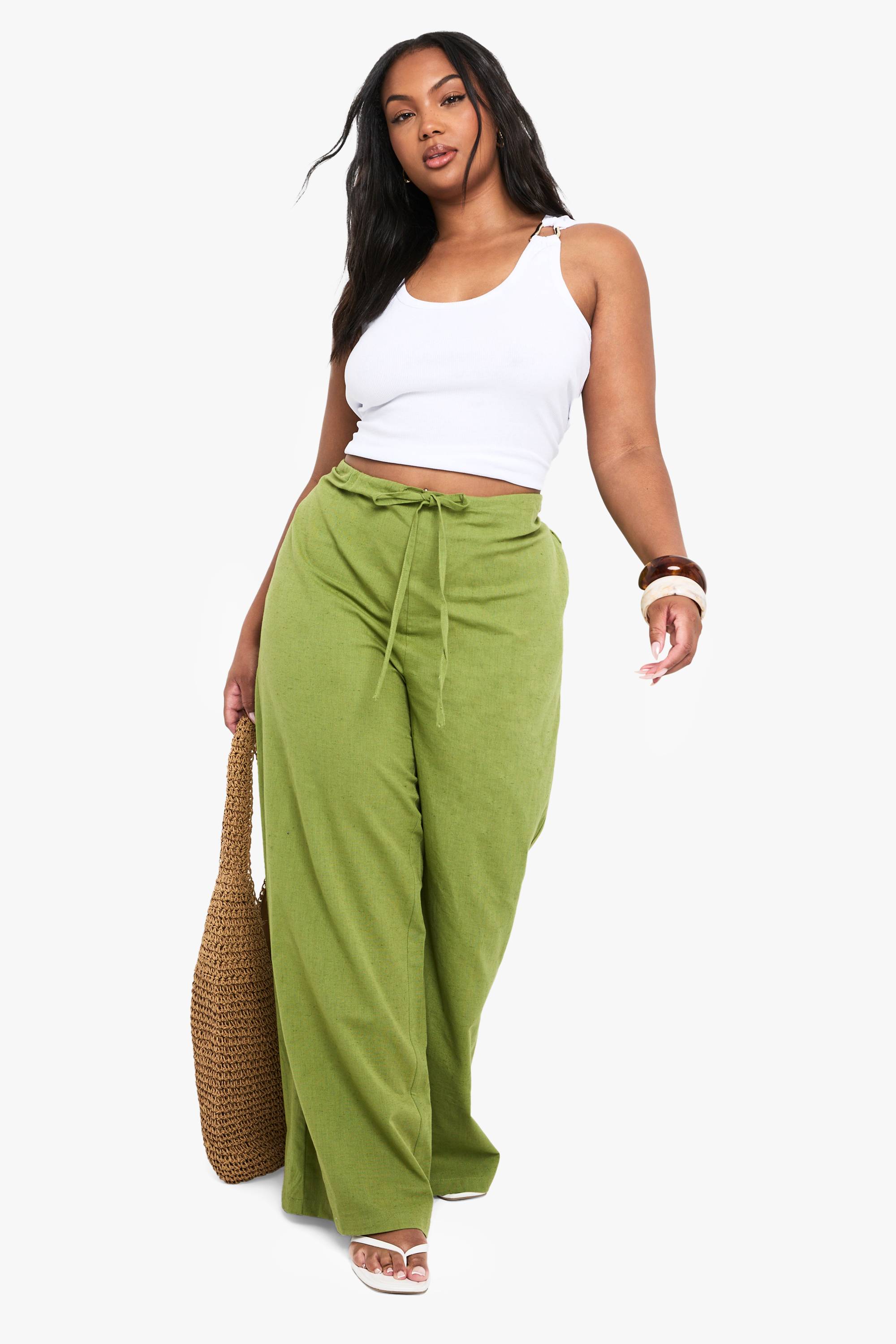 boohoo Pantalon taille plus en lin à cordon pour jambes larges