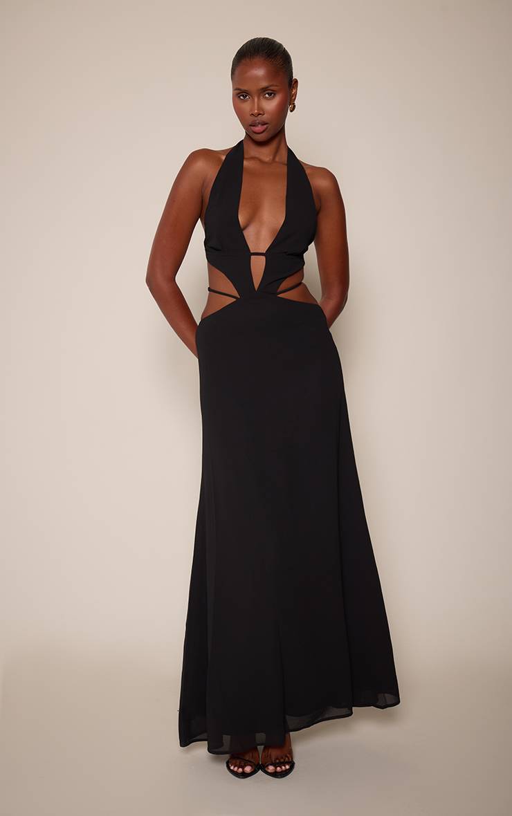 Noir Robe Longue En Mousseline À Décolleté Plongeant Et Découpes