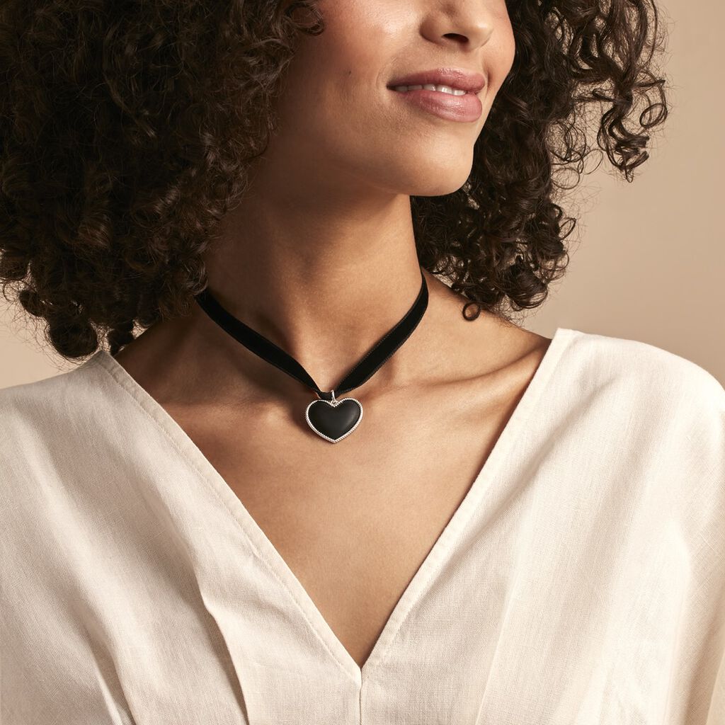 Collier Ras De Cou Argent Blanc Night Cœur Laque Noire