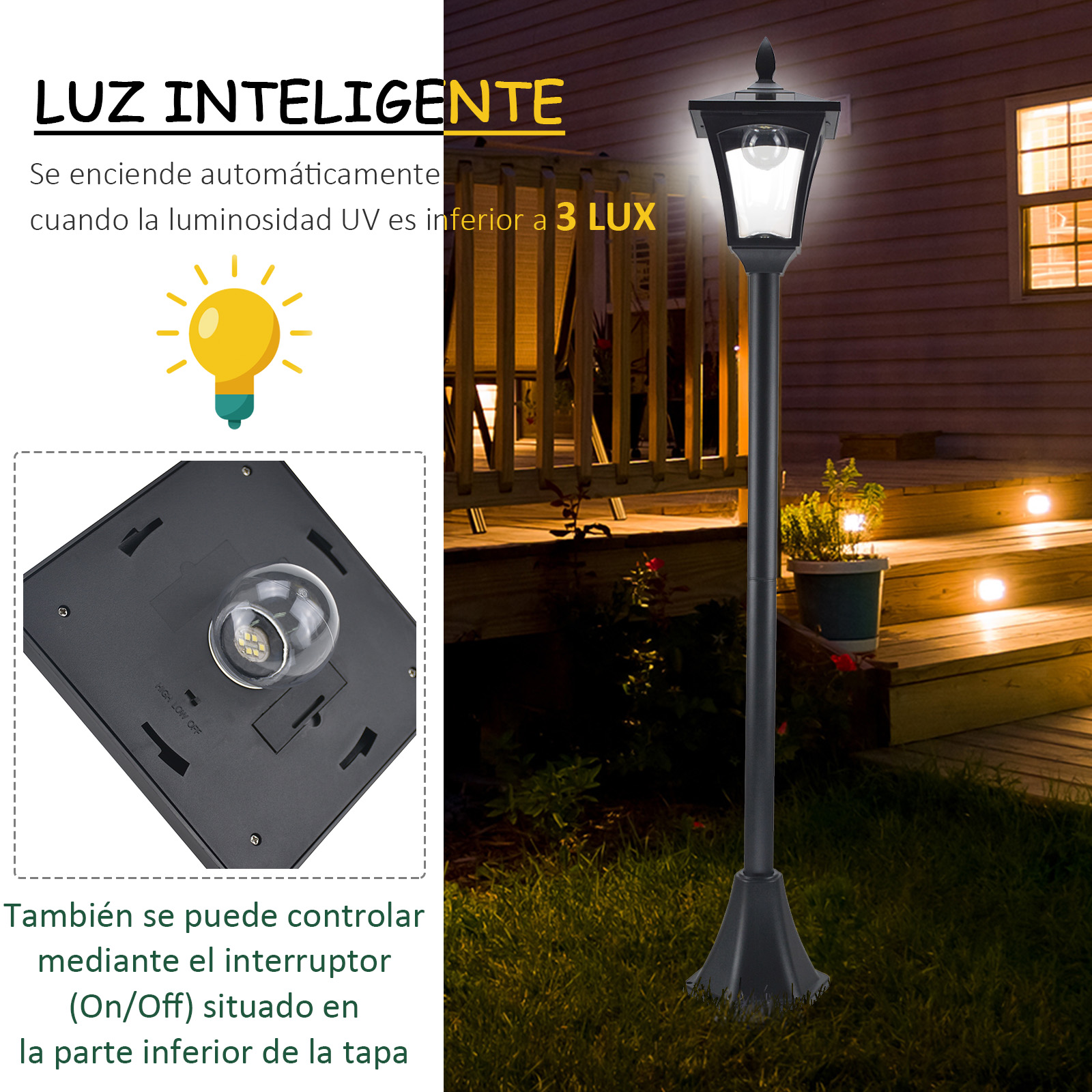 Poste de iluminação solar Outsunny preto