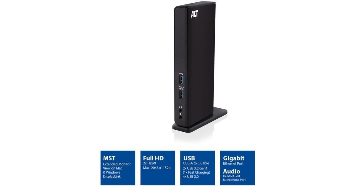 ACT ConnectivityUSB-C of USB-A Dual Monitor Docking Station  (Zwart)
