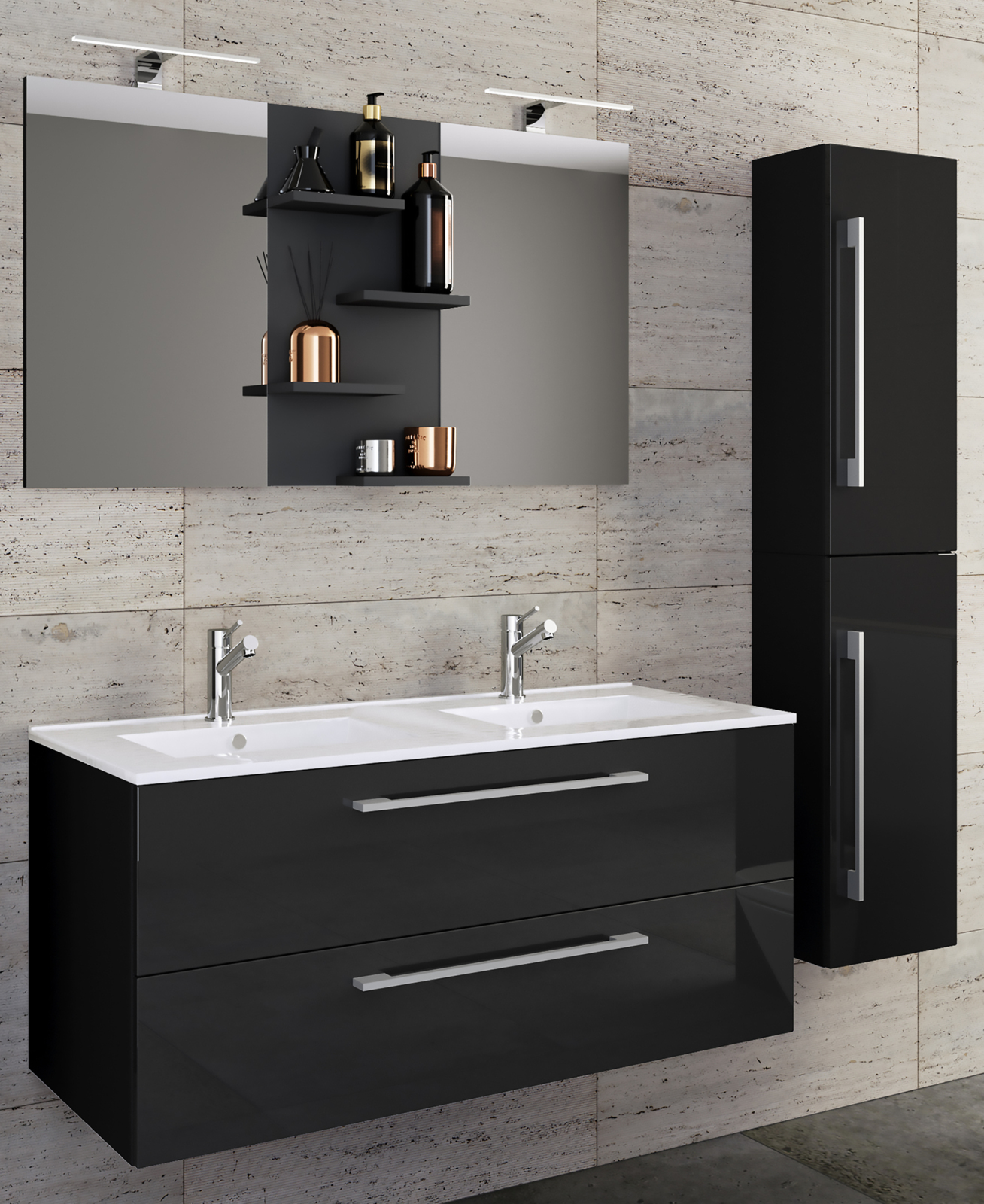 4-teiliges Badmöbel-Set BUDASI - schwarz - Spiegel - 145 cm breit