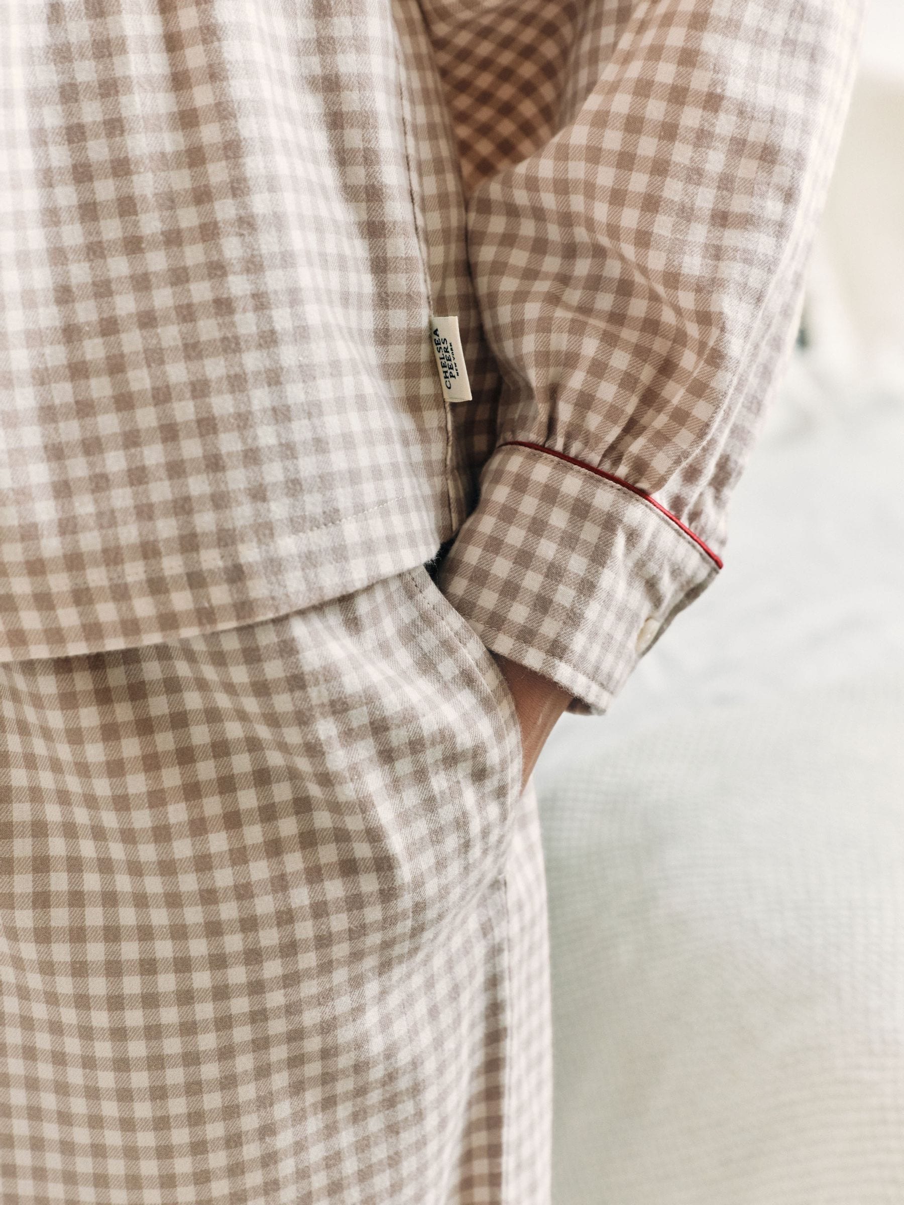 Chelsea Peers Cotton Embroidered Skiing Chip the Cockapoo Gingham Long Pyjamas Set