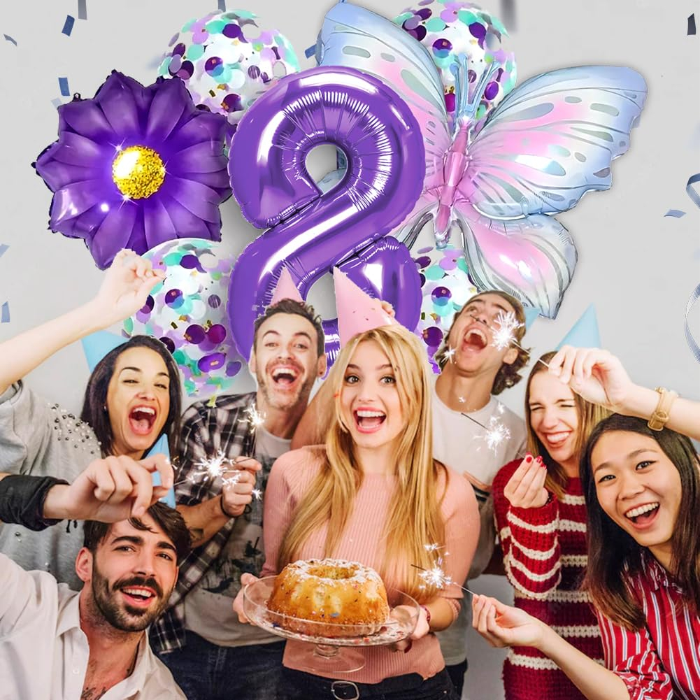 (7-tlg. Set) Zahlen Ballon Kinder Geburtstags Party Folienballon inkl. Latex Luftballons - Zahl 8 / Schmetterling